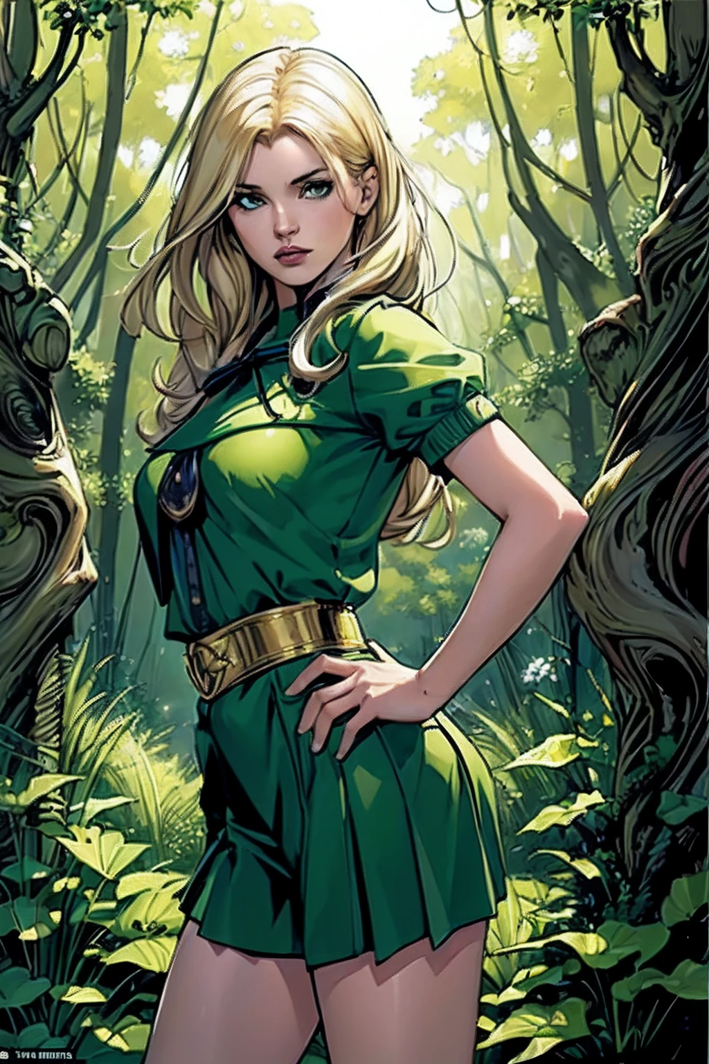 (masterpiece, top quality, best quality, official art, beautiful and aesthetic:1.2), (1girl:1.3), blonde hair, extremely detailed, portrait, looking at viewer, solo, (full body:0.6), detailed background, close up, cat eyes, (warm summer forest theme:1.1), student, green uniform, teen, slim waist, slim hips, long legs, medieval, green eyes, village