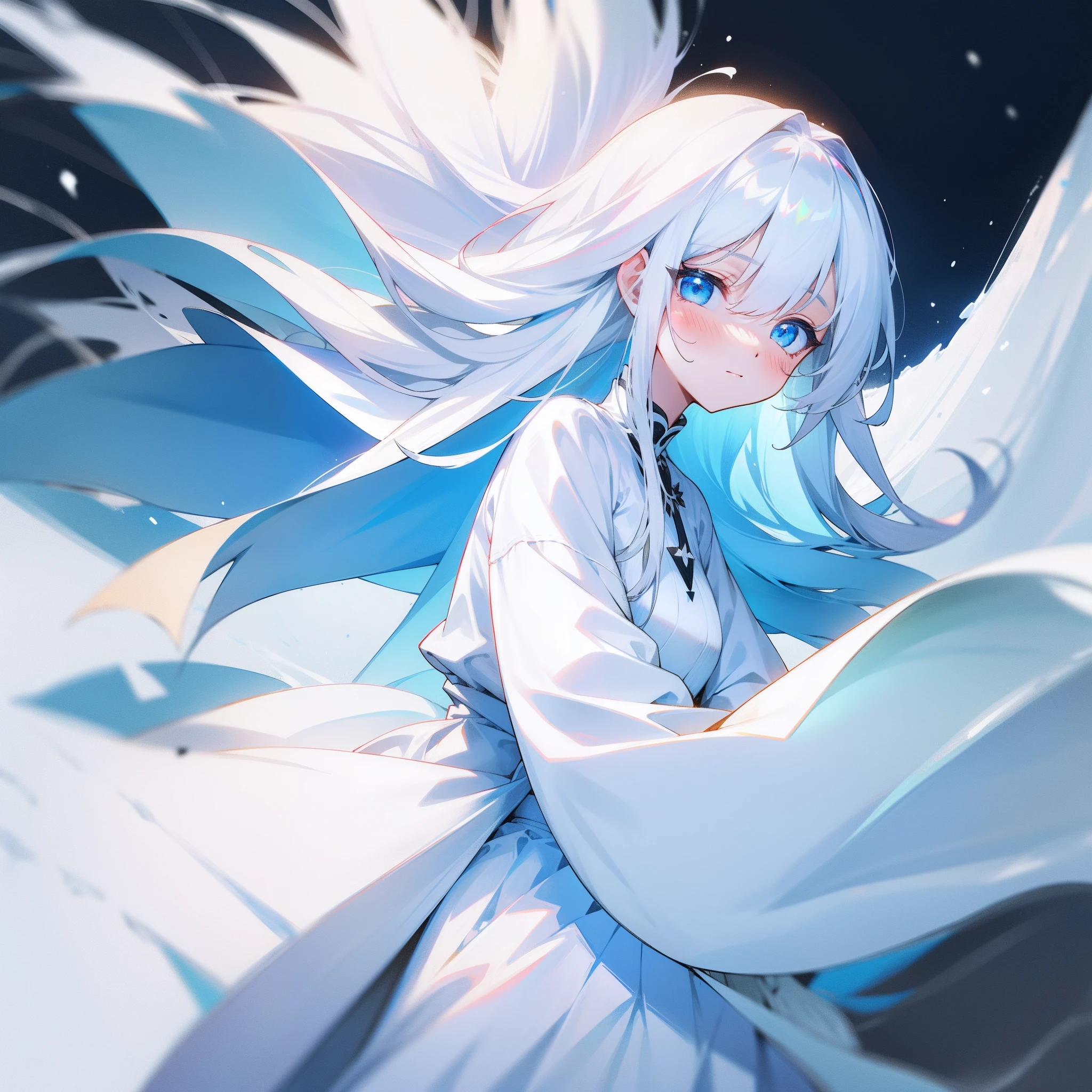 one-girl,Medium to long white hair,Light blue eyes,White silk shirt,White midi skirt,Surrounded by snow and ice,Shyness blush