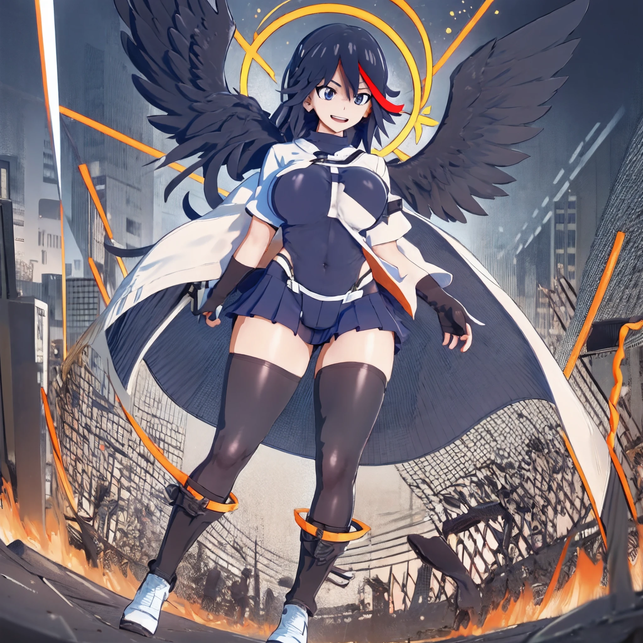 Anime, flying through the sky with black angel wings, golden leotard armor, In Battle, Chaos, shooting laser beams from hands, masterpiece ,pantyhose, boots,magicagirl body suit, large skirt, smile, long skirt,standing,smile forest,matoi ryuuko, pants, vest, pullover, coat, full body, huge breast, smug, tomboy, open mouth, walking
