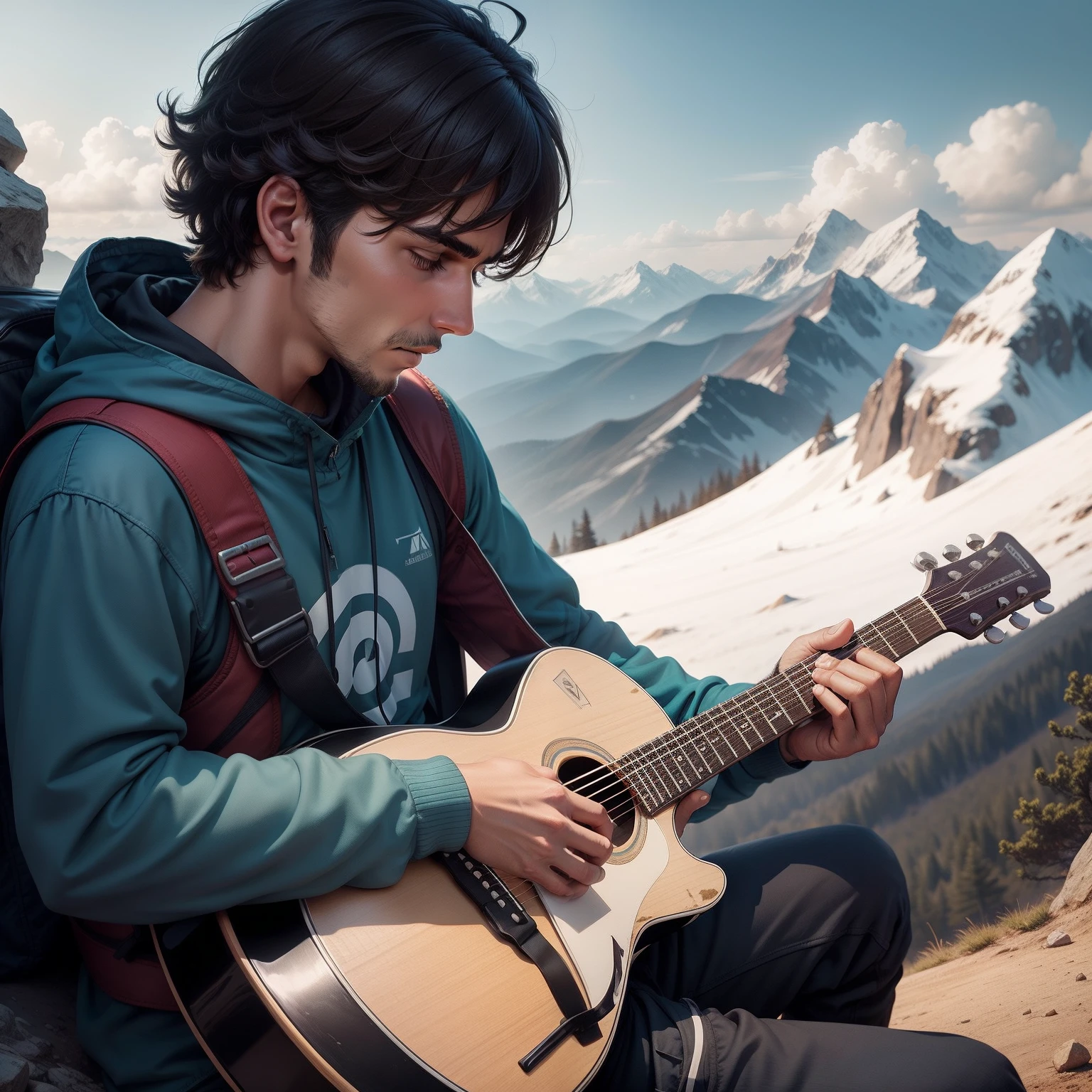 A aman playing guitar on mountain with his broken heart