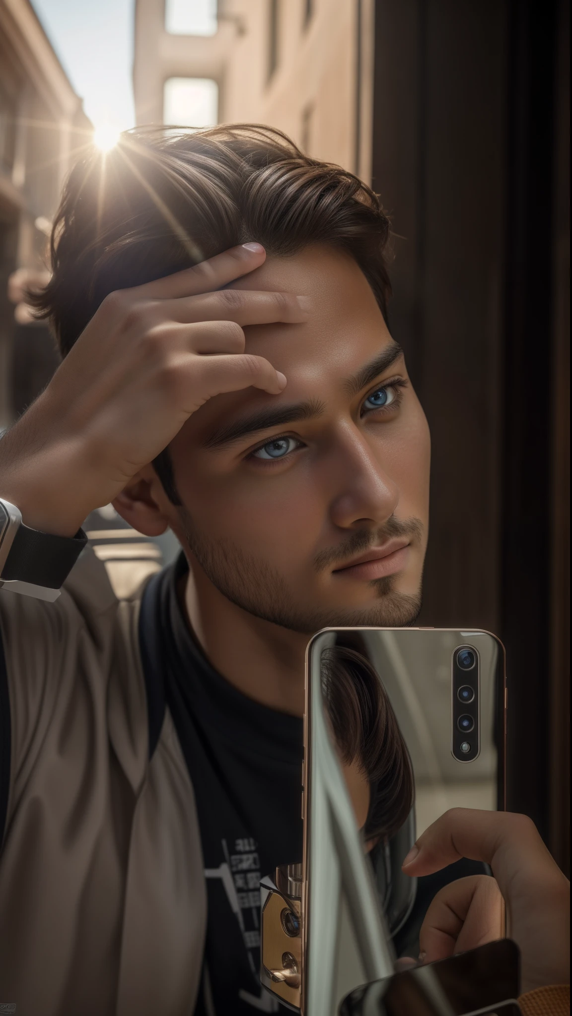 8K, Best Quality, Masterpiece, Ultra High Resolution, (Realism: 1.4), Original Photo, (Realistic Skin Texture: 1.3), (Film Grain: 1.3), (Selfie Angle), 1 Boy, Beautiful Eyes and Face Details, Masterpiece, Best Quality, Close-up, Upper Body, Looking at the Viewer
