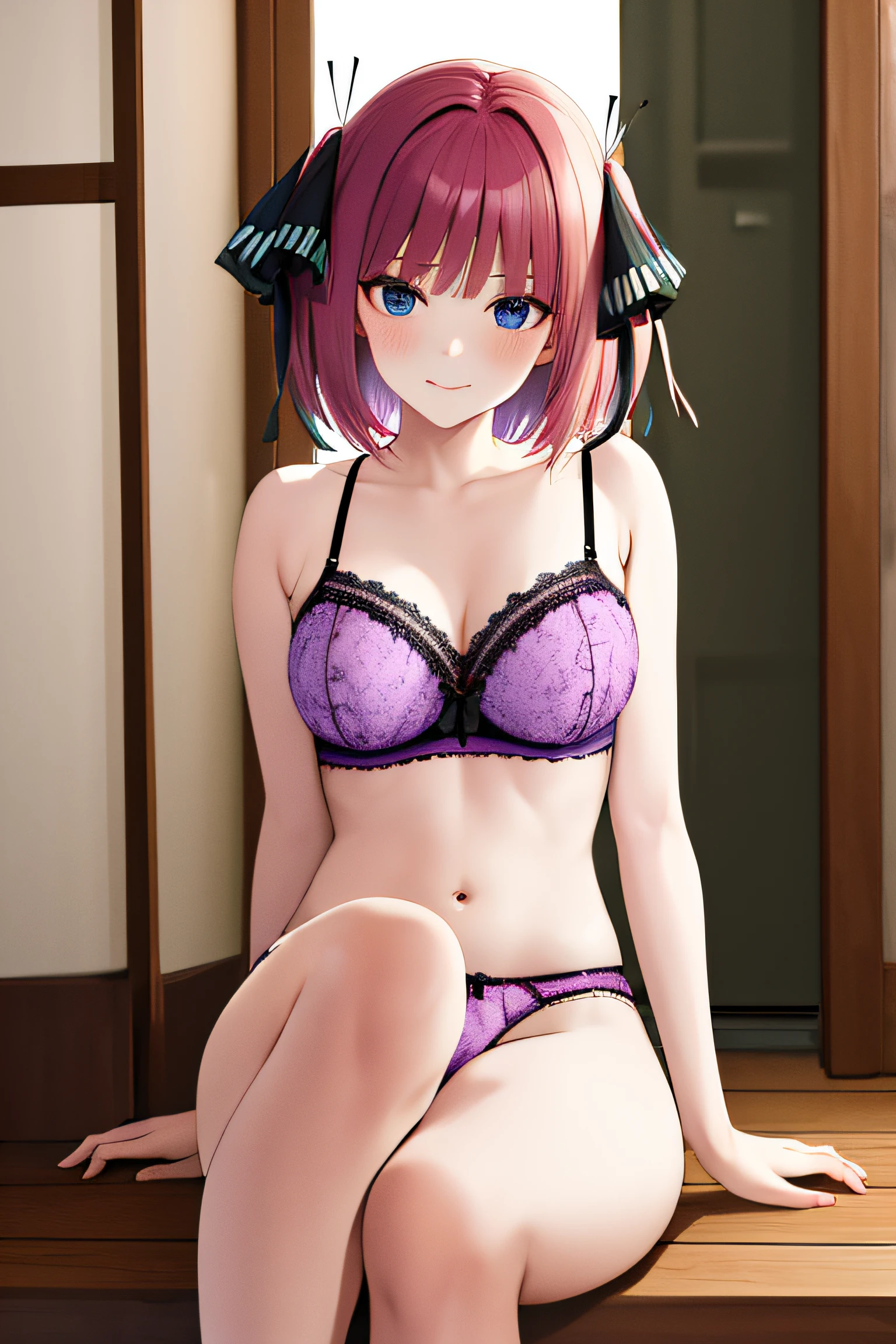 masterpiece, top-quality, Hi-Res, nn1,1girl, Hair Ribbon, short-hair, sitting on, Indoors, Lilac bra、Lilac underpants, the feet