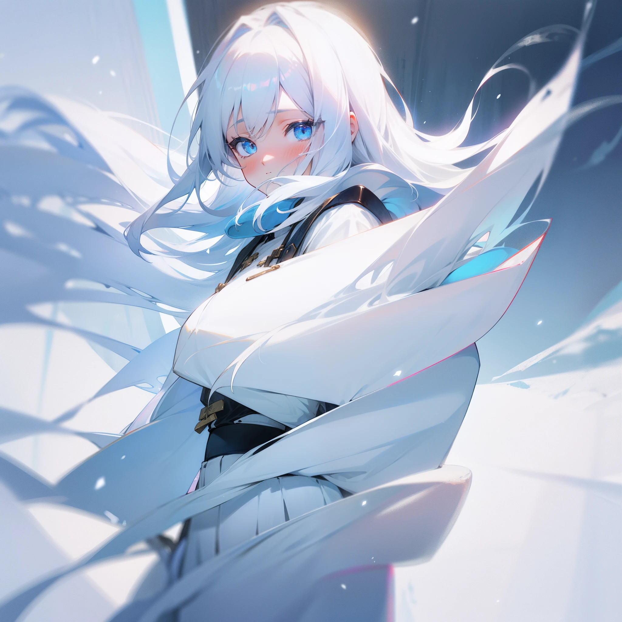 one-girl，Medium to long white hair，Light blue eyes，White silk shirt，White midi skirt，Surrounded by snow and ice，Shyness blush