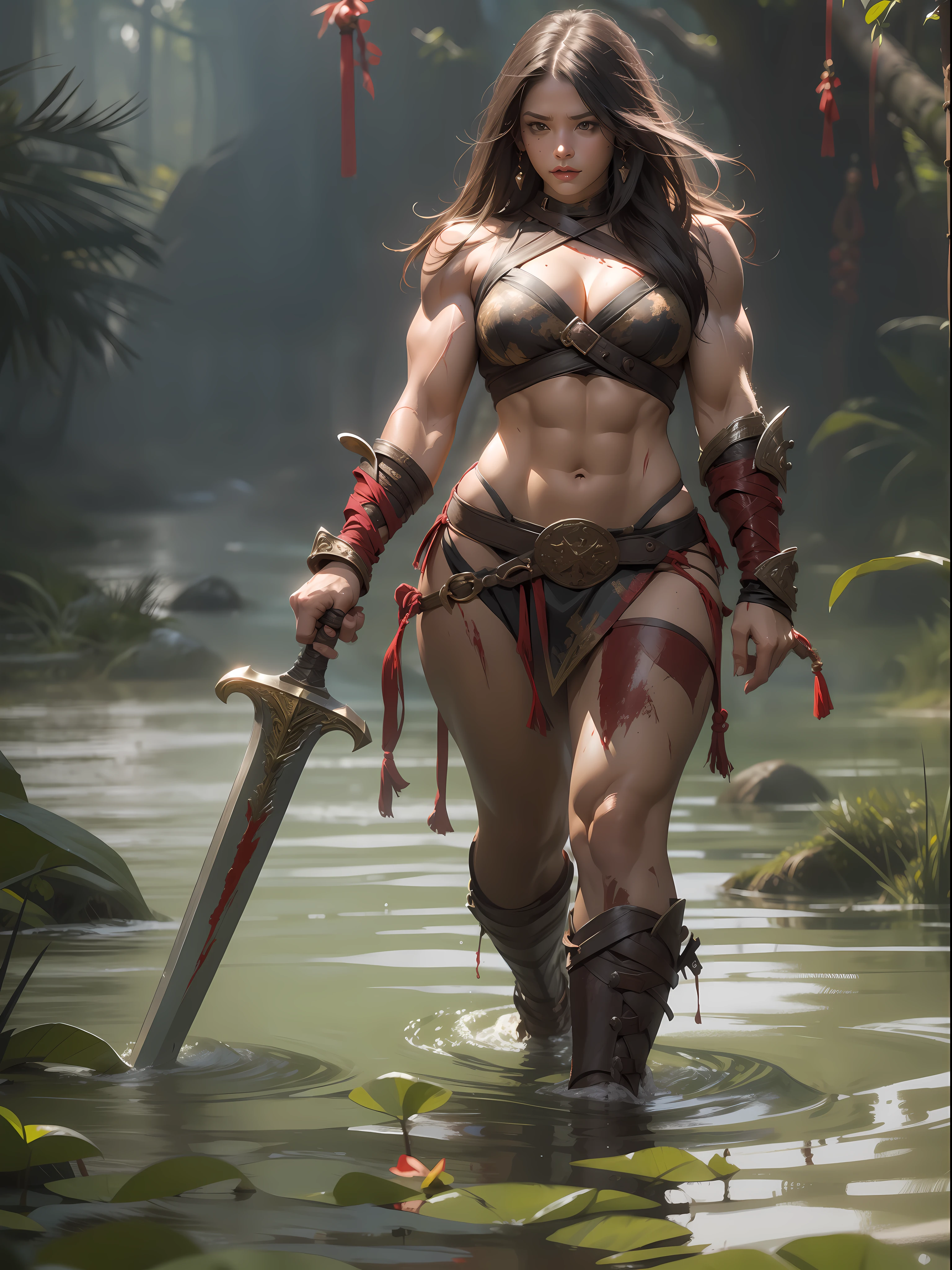 Beautiful full-body woman, 30 years old, muscular and perfect body, barbarian warrior with little clothing, tiny thong, large breasts, generous neckline, holding a blood-stained sword, brave face, dark kingdom, sexy pose, walking in a dirty water