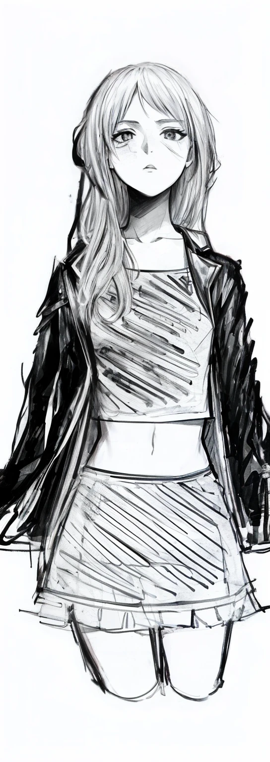 um desenho de uma menina com uma jaqueta e uma bolsa, faixa de cortina, Novo, detalhado, segurando bebida, canudo, desenho inspirado na foto, rough sketch of black ink, sketchy artstyle, detalhado, but rough, rough sketch, sketchy expressive linework, lineart preto espesso, Retrato do meio do corpo, black sketch, quick sketch, line sketch, scribble sketch, em um manto com cabelos longos, line sketch!!, Estilo de gesto pesado de closeup, cabelo estilo curtain bangs, faixa de cortina, Novo, detalhado, segurando bebida