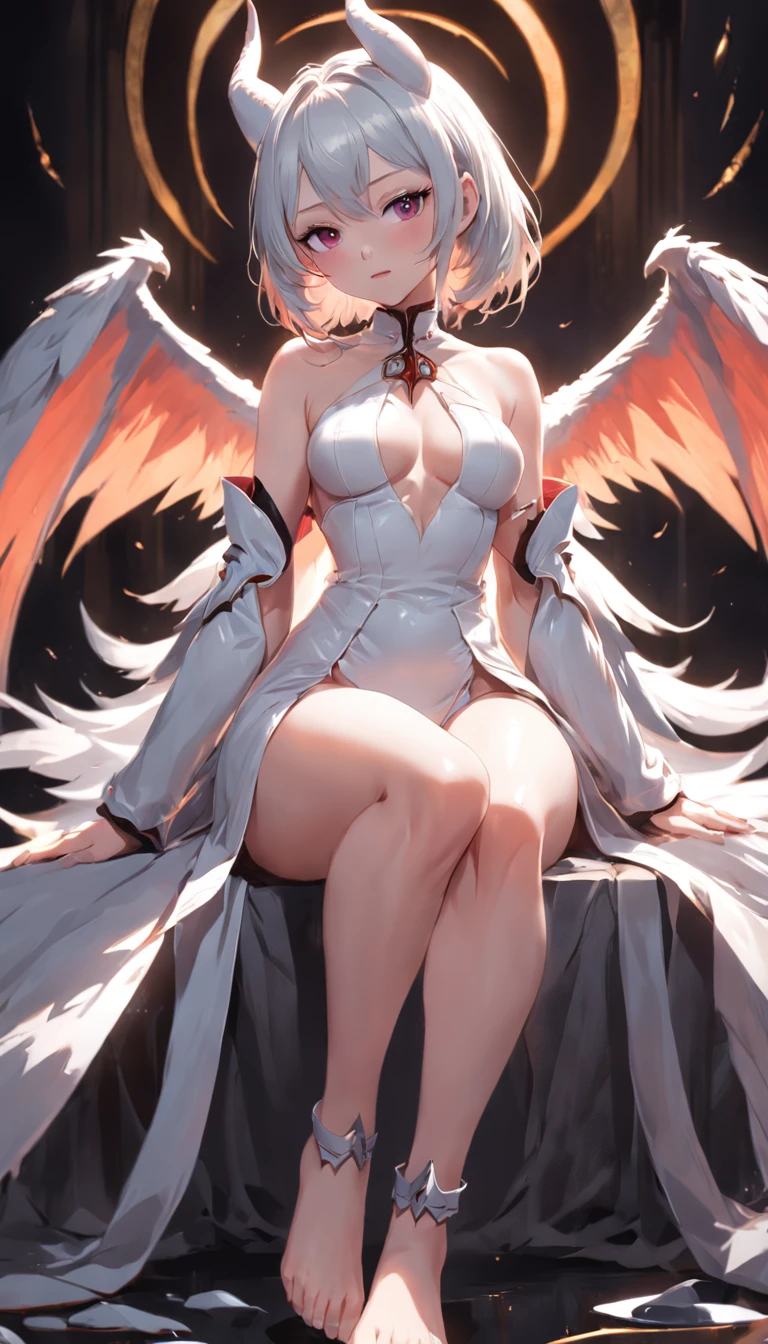 NSFW, tmasterpiece, beste-Qualit, hight resolution, Lovely sexy girl, распутная, half-nude, horns demon, slit pupils, white gloves, whitedress, bare shoulders, legs spread apart, Sits, Toes between the legs , Emotions of incredible pleasure, detached collar, décolleté, Horseman, black wings, feathered wings, low wings, ssmile