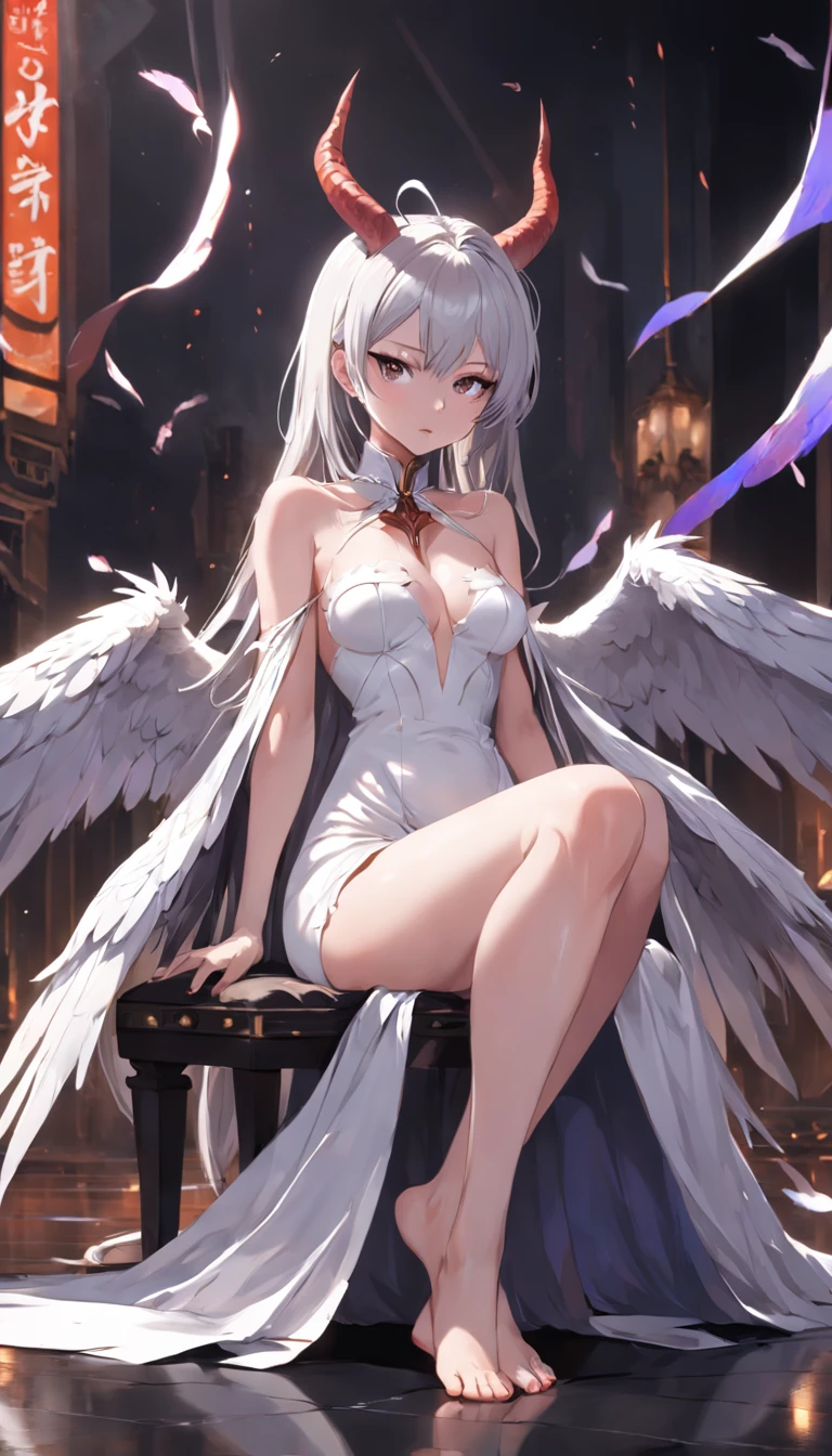 NSFW, tmasterpiece, beste-Qualit, hight resolution, Lovely sexy girl, распутная, half-nude, horns demon, slit pupils, white gloves, whitedress, bare shoulders, legs spread apart, Sits, Toes between the legs , Emotions of incredible pleasure, detached collar, décolleté, Horseman, black wings, feathered wings, low wings, ssmile