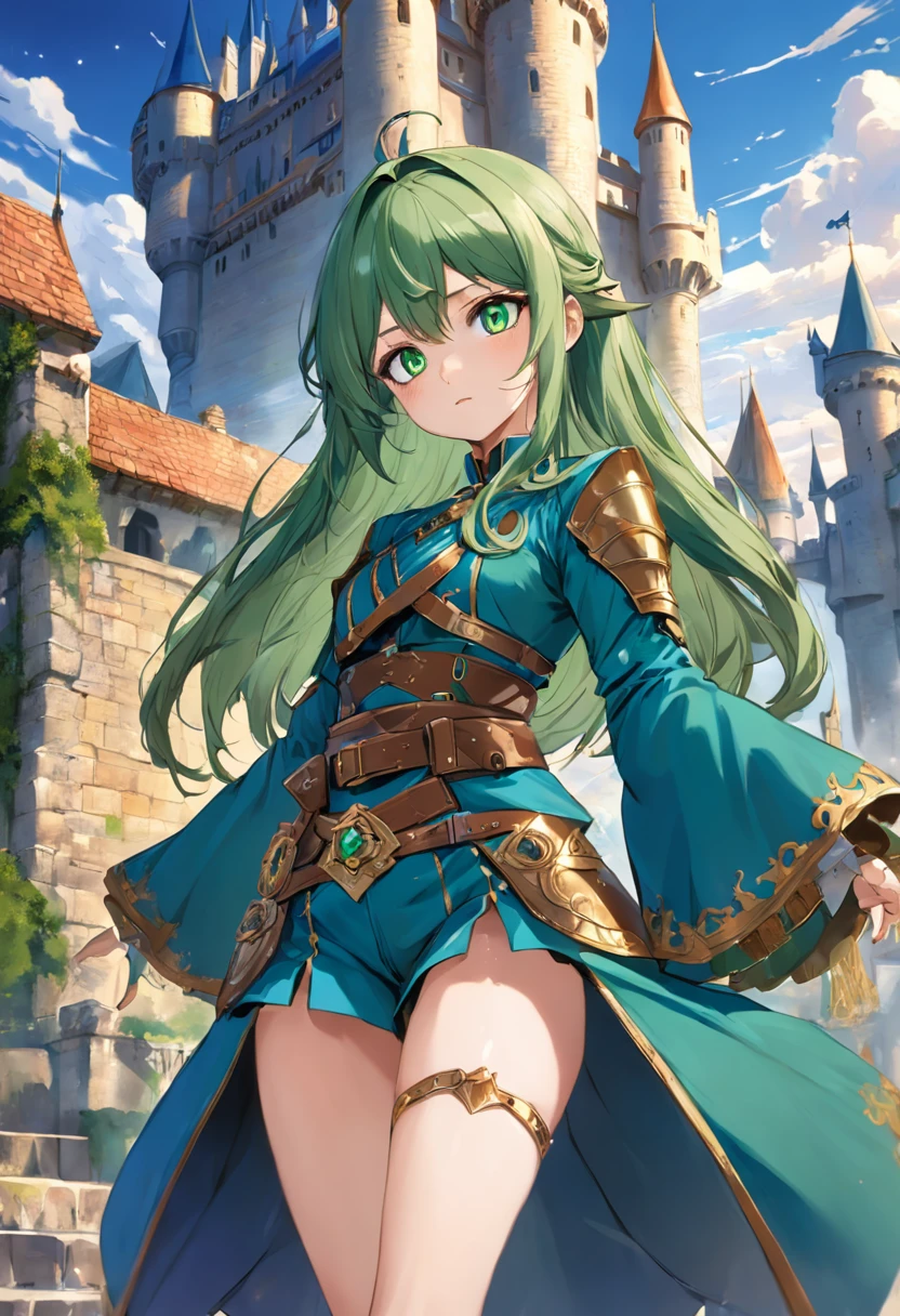 Green eyes,cabellos largos dorados,Western fantasy,magia,Castle fantasy,Blue and brown clothes,Good-looking legs,Ultra photo realsisim, Castle,hair adornments