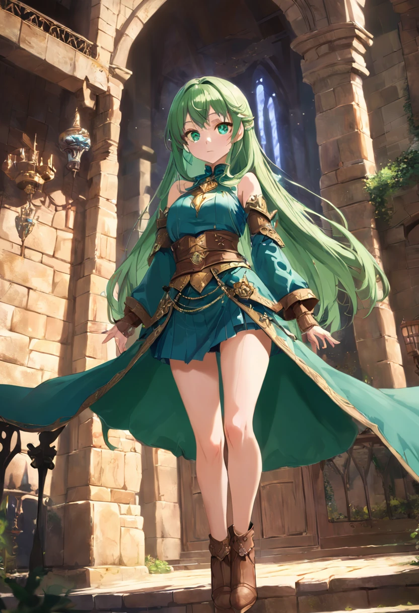 Green eyes，cabellos largos dorados，Western fantasy，magia，Castle fantasy，Blue and brown clothes，Good-looking legs，Ultra photo realsisim, Castle，hair adornments