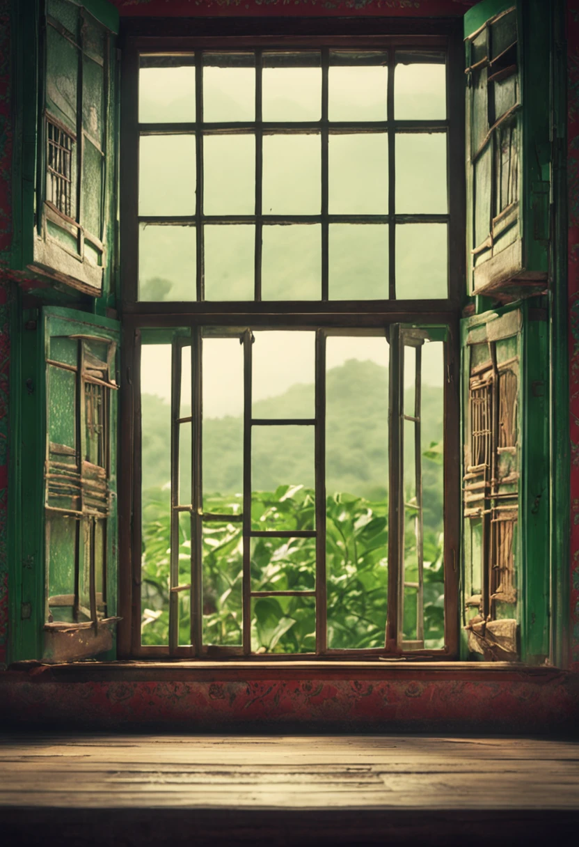 Open windows to the house,Inside an old Chinese house,The house is empty,Outside the window is a green screen,Green screen background,In-room view,Big windows,The windows are brown,Head-up windows