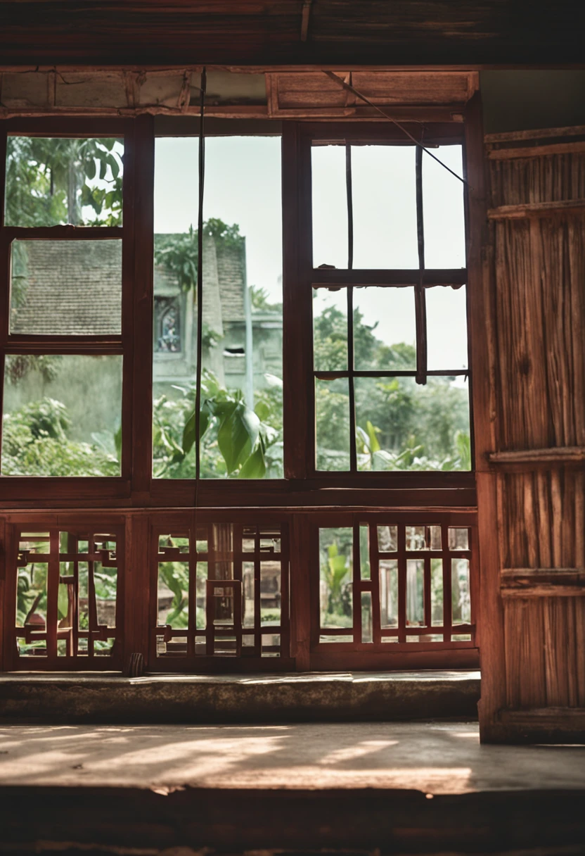 Open windows to the house，Inside an old Chinese house，The house is empty，Outside the window is a green screen，Green screen background，In-room view，Big windows，The windows are brown，Head-up windows
