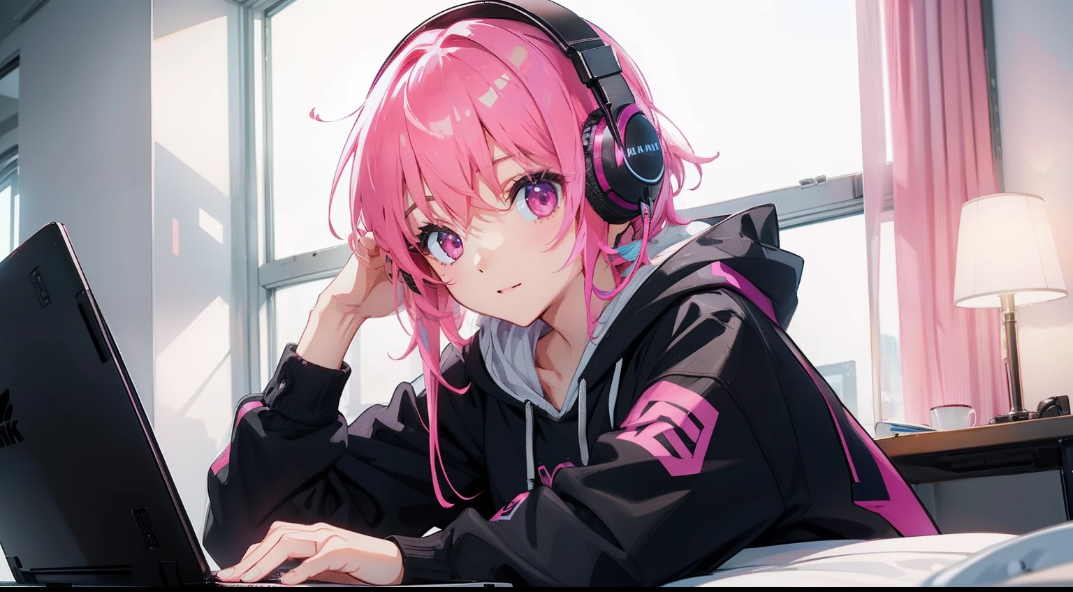masterpiece、top-quality、Movie stills、1girl in、pink shorth hair、Pink eyes、headphones、Black hoodie、with light glowing、Happiness、Warm and soft lighting、Laptop Room、(Spark:0.7)