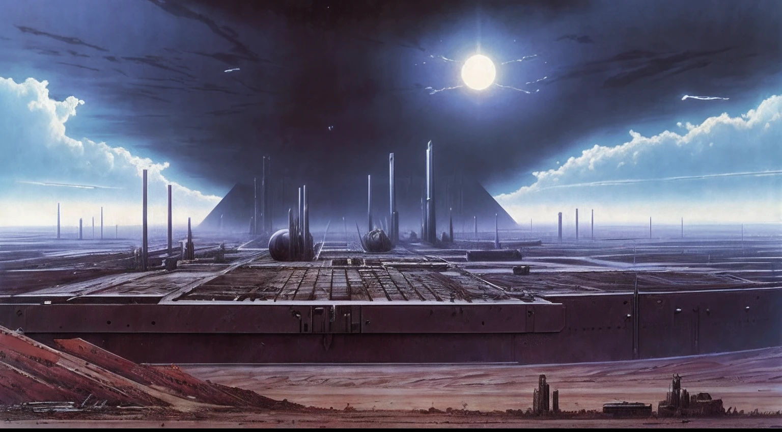 final of Evangelion, post apocalyptic,Sci-fi base scene,Huge scene, epic concept art,wide angle scene, zdzislaw beksinski