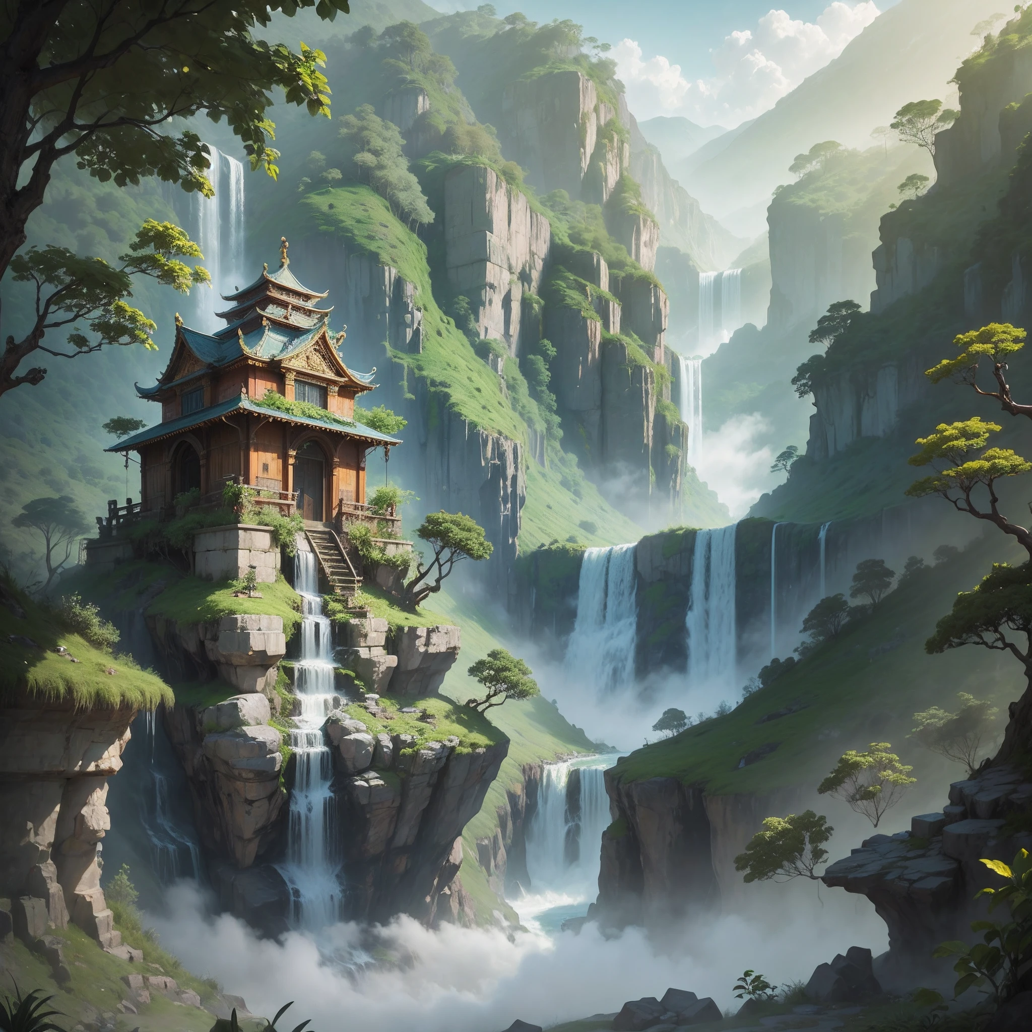 jungle temple, monkey Worshipping, waterfall, fog, daytime. --auto --s2