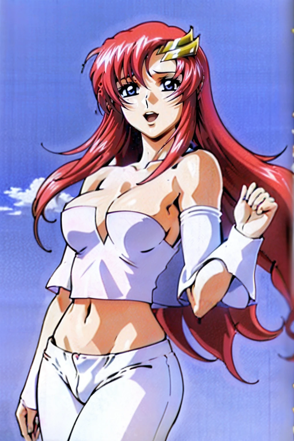 (masterpiece, 4K, Best Quality, Anime style: 1.9, bold drawing lines, High color saturation, Detailed face, tall, Adult Woman, lovely, (cloud background), Drawing lines, high resolution, Anime, lacus4), 1girl in, Solo, curvy figure, Long hair, 鎖骨, scapular, Wavy Hair, Detailed wide hair bangs, Hair Ornament, Detailed reddish-pink hair, cleavage, large hands, (Big blue eyes, shiny eyes), Smile, closed mouth, Very happy, ((closed fists)), (laughing, open mouth), ((medium breasts)), (((white cut shirt, jeans bottom))), biceps, rib lines, ((lean forward)), standing, (hands on hips), happy, bare shoulders, (exposed navel, shiny skin, bare hips)