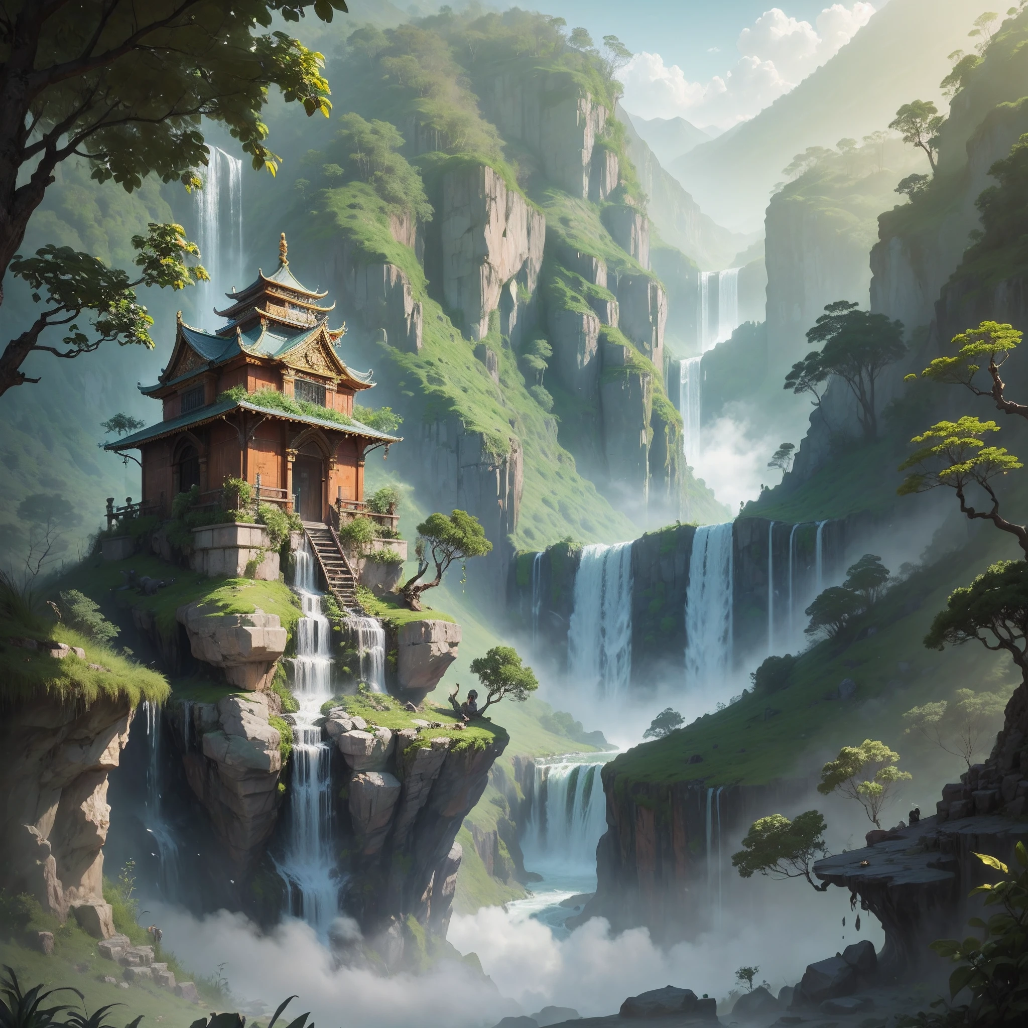 jungle temple, monkey Worshipping, waterfall, fog, daytime. --auto --s2