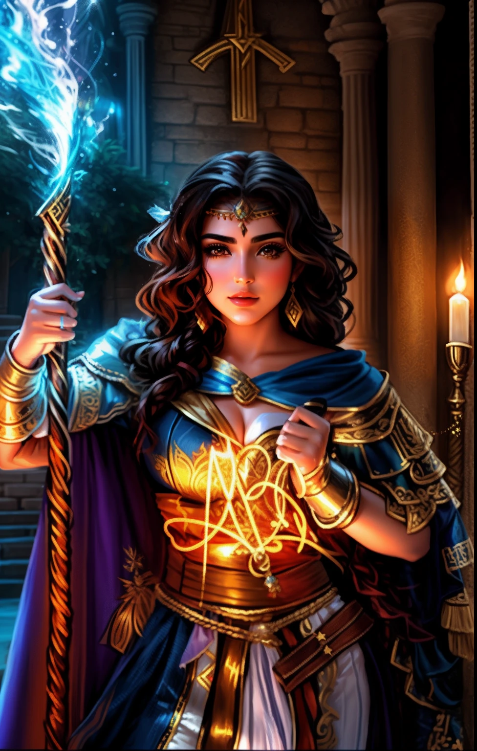 Una pintura de una mujer sosteniendo una antorcha y una espada, Retrato de una maga, Maga femenina, Maya Ali como Maga del Viento, Una hermosa hechicera, Maya Ali as Lightning Magician, elfic priestess, Mujer hechicera, Poderosa hechicera regordeta, Maya Ali como D&D Hechicero, Maga de la Tierra