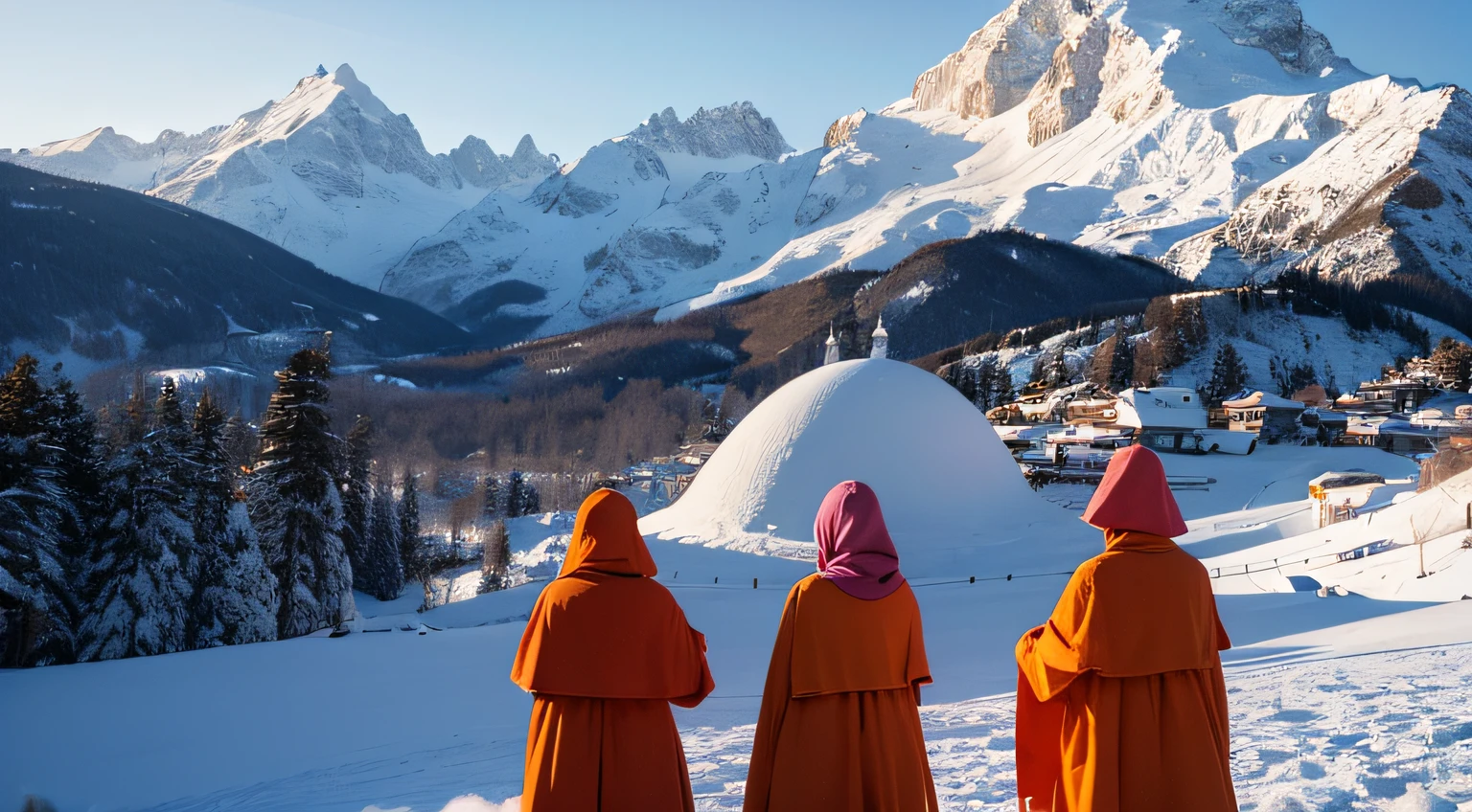 tres monjes con ropa naranja, jurando en la nieve en un templo budista, Surrounded by snow-capped mountains, iluminado por el sol, alta resolucion, ultranitido, 8k, obra maestra