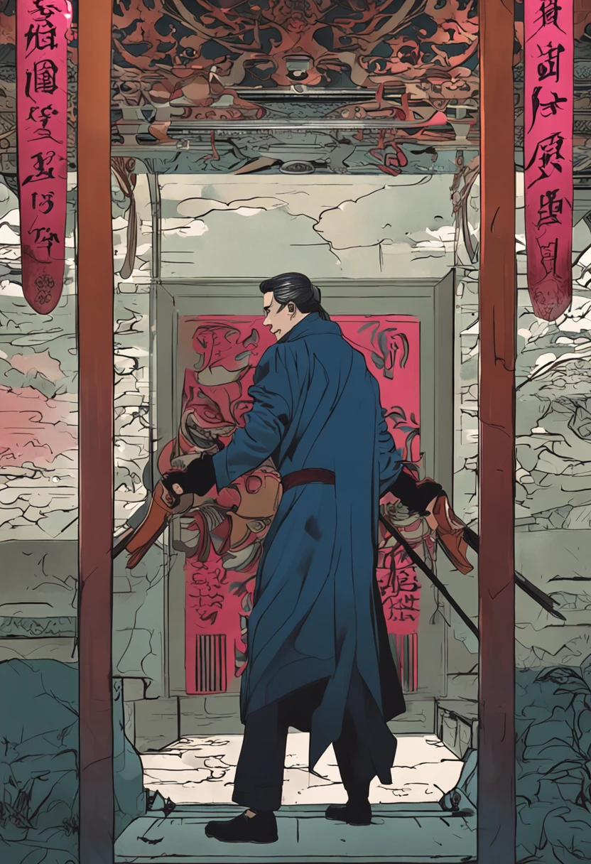 yuan-ti man, blond, his skin is snake scales, with serpent eyes, warlock hexblade, wearing, wearing dark blue overcoat