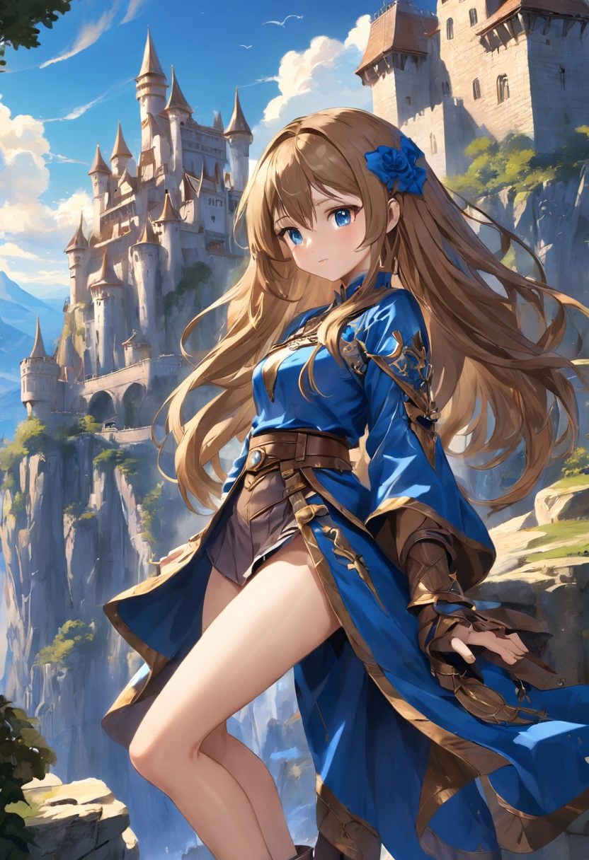 cabellos largos dorados,Western fantasy,magia,Castle fantasy,Blue and brown clothes,Good-looking legs,Ultra photo realsisim, Castle,hair adornments