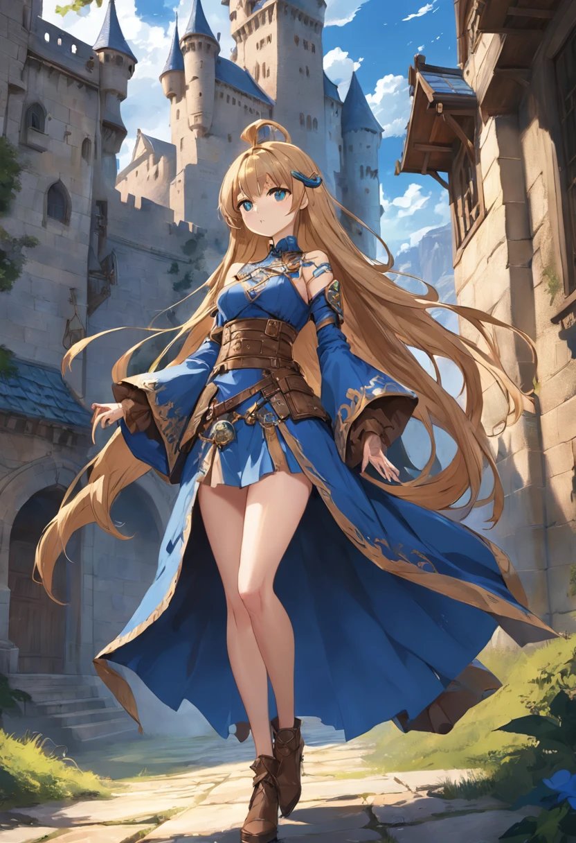 cabellos largos dorados,Western fantasy,magia,Castle fantasy,Blue and brown clothes,Good-looking legs,Ultra photo realsisim, Castle,hair adornments
