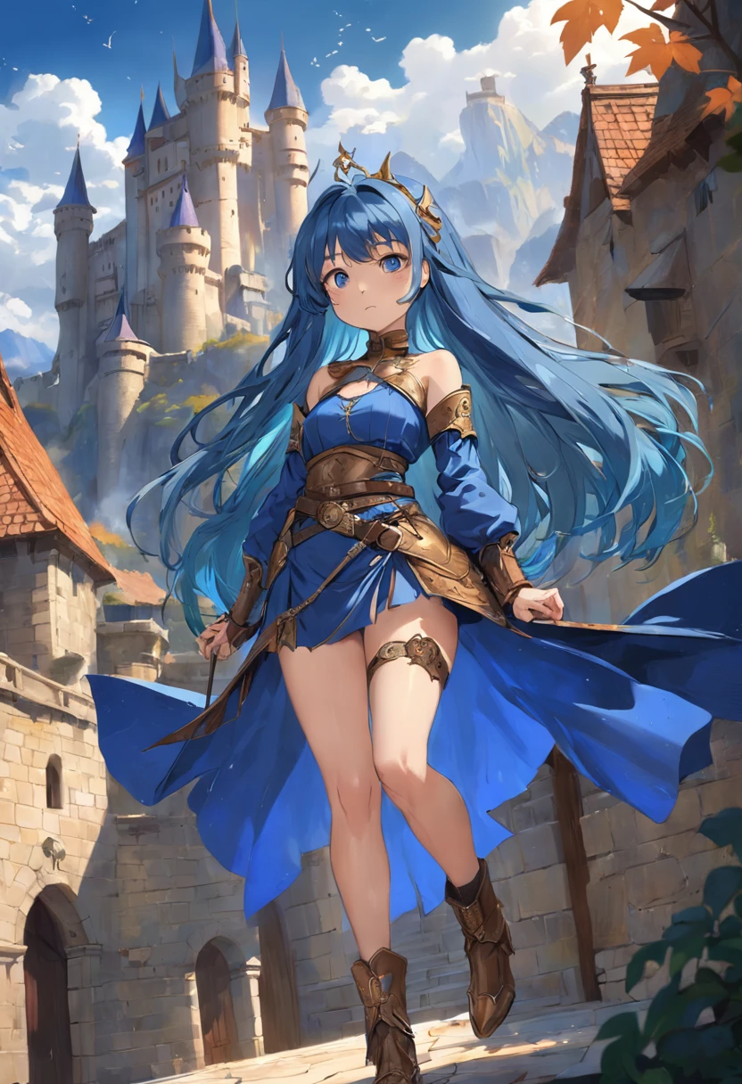 cabellos largos dorados，Western fantasy，magia，Castle fantasy，Blue and brown clothes，Good-looking legs，Ultra photo realsisim, Castle，hair adornments