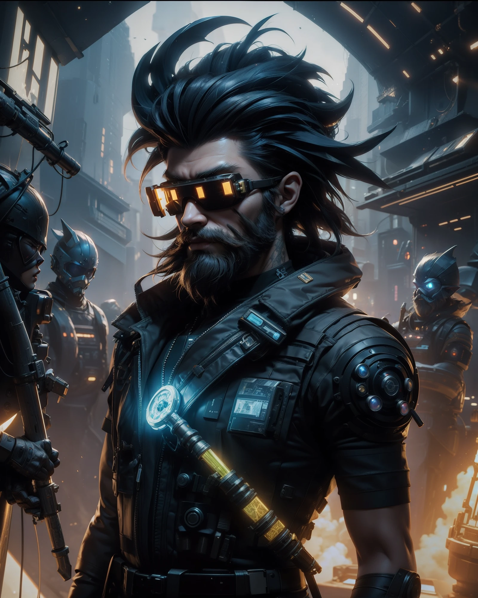 Hyperrealistic, Unreal engine, 3d, Cyberpunk Meta-Gnome wearing HighTech Vr Goggles, Cybernetic Beard. Holding a Scifi Gold mining Pick Axe, in the Holographics Hyperspace Metaverse 50mm ,Ray Tracing,