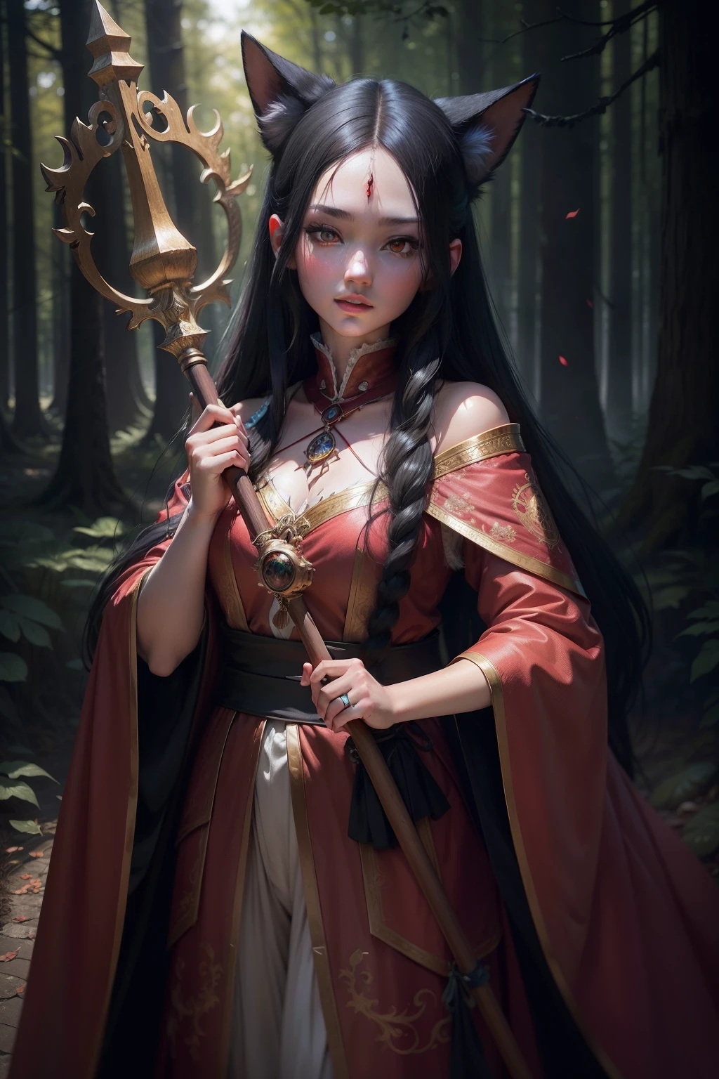 A beautiful  Kitsune sorceress with long black hair and red eyes complete in Forest, with red coat and a staff in hand and a red and black fox anime style mascot 32k resolution, best quality, masterpiece, natural light, amazingly detailed, 8k resolution, fantasy art, detailed painting, hyperrealism, photorealistic, cargilar, beautiful intricately detailed, amazingly detailed, natural skin, smooth perfect impressionistic compositing, award winning photography