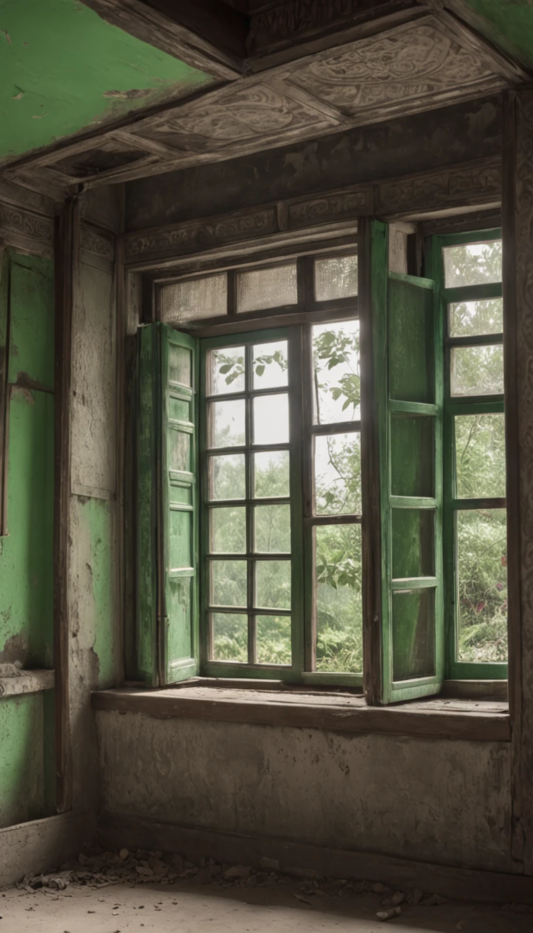 Open windows to the house，Inside an old Chinese house，The house is empty，Outside the window is a green screen，Green screen background，In-room view，Big windows，The windows are brown，Dilapidated lime walls，Head-up windows