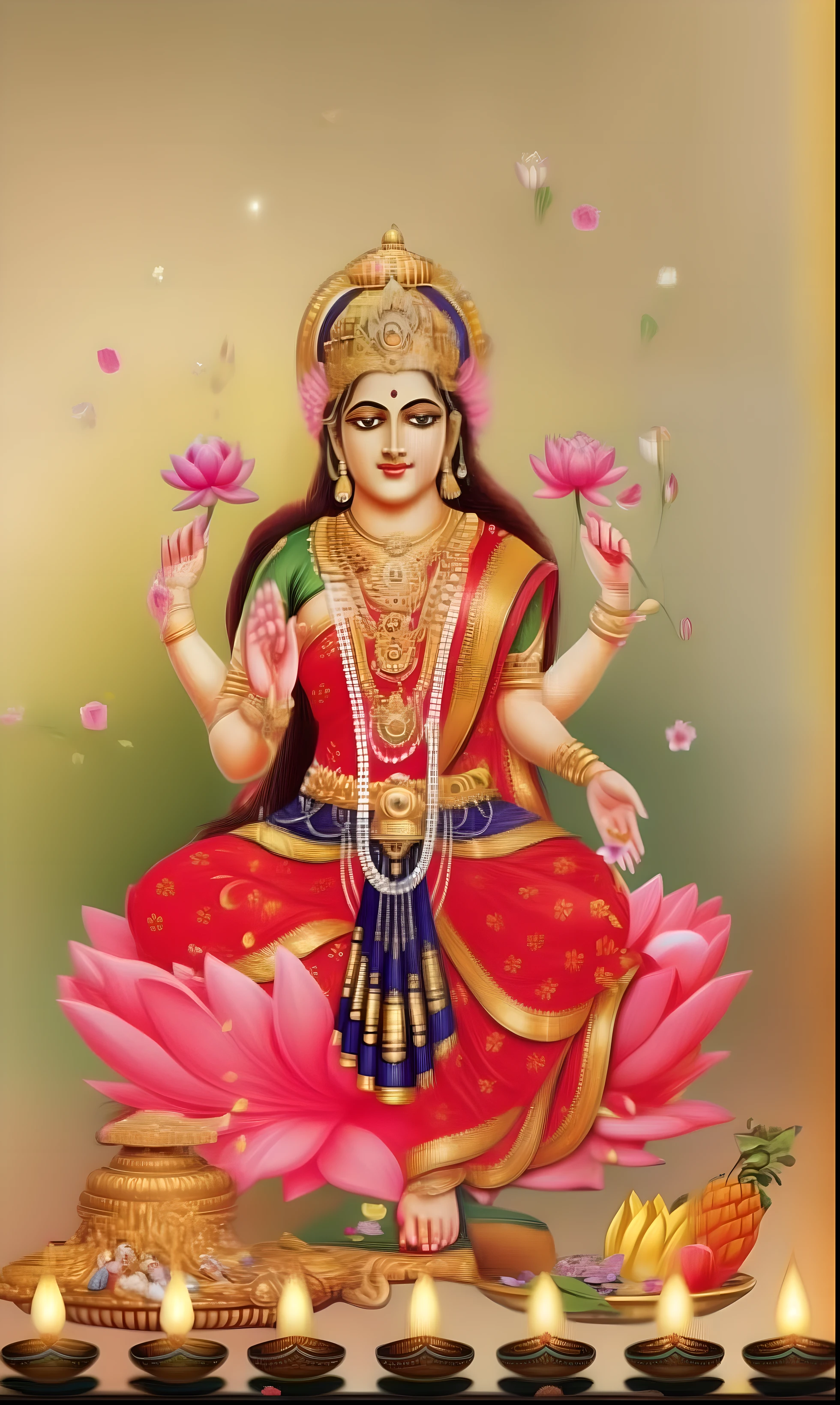 Goddess Uma Devi has piercing black eyes and wears a pink dress. She sits holding Lord Ganesha in a loving embrace. She has 4 hands on each side, 5 fingers on each side. one hand holding gold One hand holds a large lotus flower. One hand holds a trident, one hand holds a khan. sitting on a red rose throne Surrounded by heavenly flower gardens