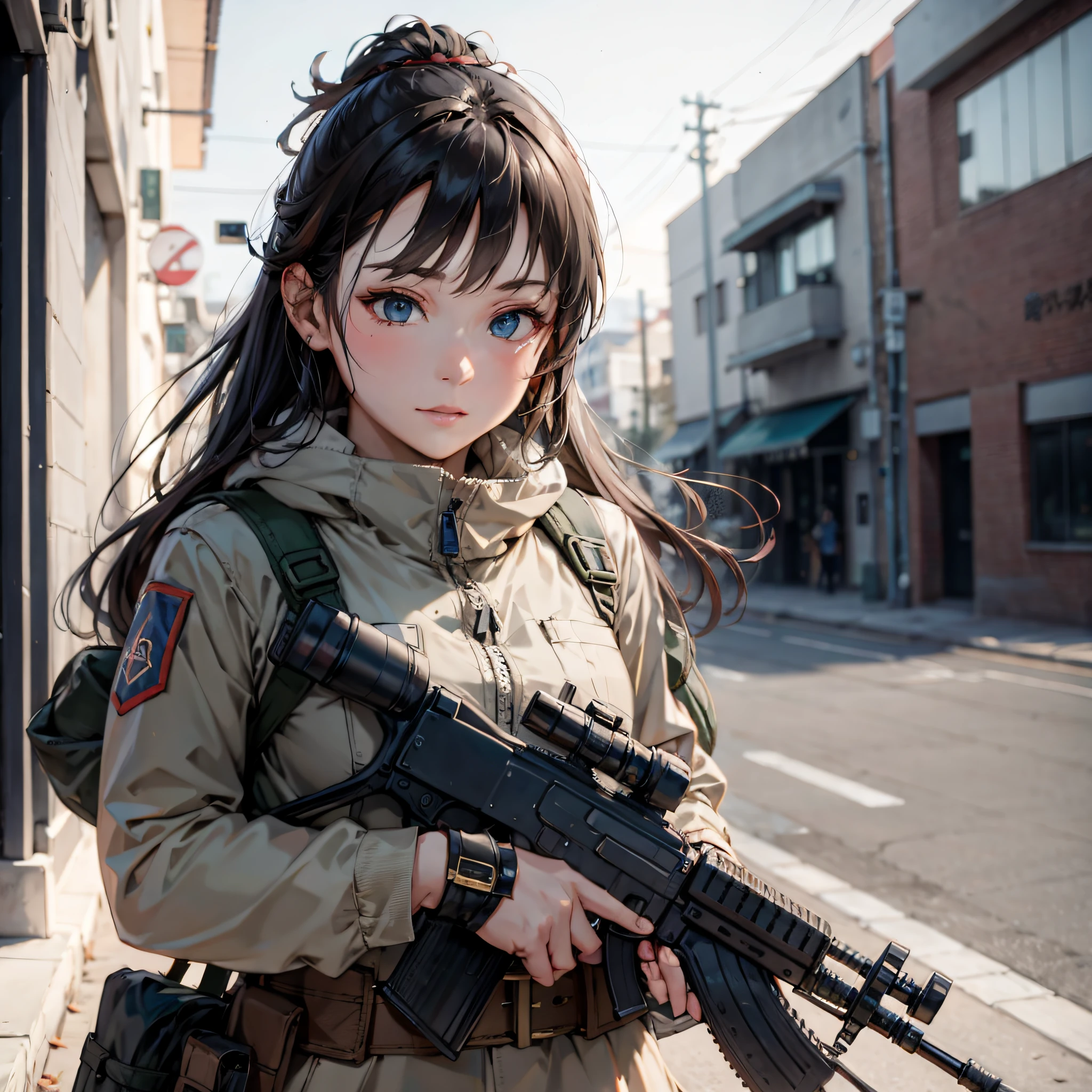 survival game、Camouflage、survival gameのフィールド、A beautiful girl is holding a rifle、head to waste、