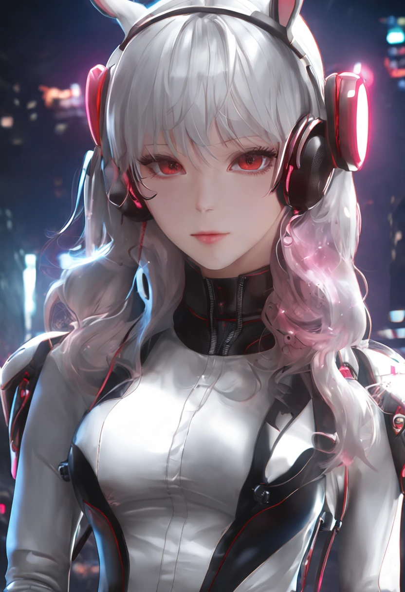 best quality, ultra high res, (photorealistic:1.4),masterpiece,1girl, Kpop idol,(aegyo sal:1.0),puffy eyes,(City of ruins),alice \(nikke\),(pink bodysuit),((animal ear headphones)),(shiny clothes),twintails,(latex bodysuit),(rubber suit),shoes,(cleavage),(slender),((white hair)),(silver hair),(gray hair),((red pupil)),(looking at viewer),(smile),Happy,(long hair),nsfw,depth of field,detail face, shiny skin, nice detailed eyes, heavy eye makeup, slim waist, blush, detailed eye makeup,perfect anatomy,(pureerosface_v1:0.55),