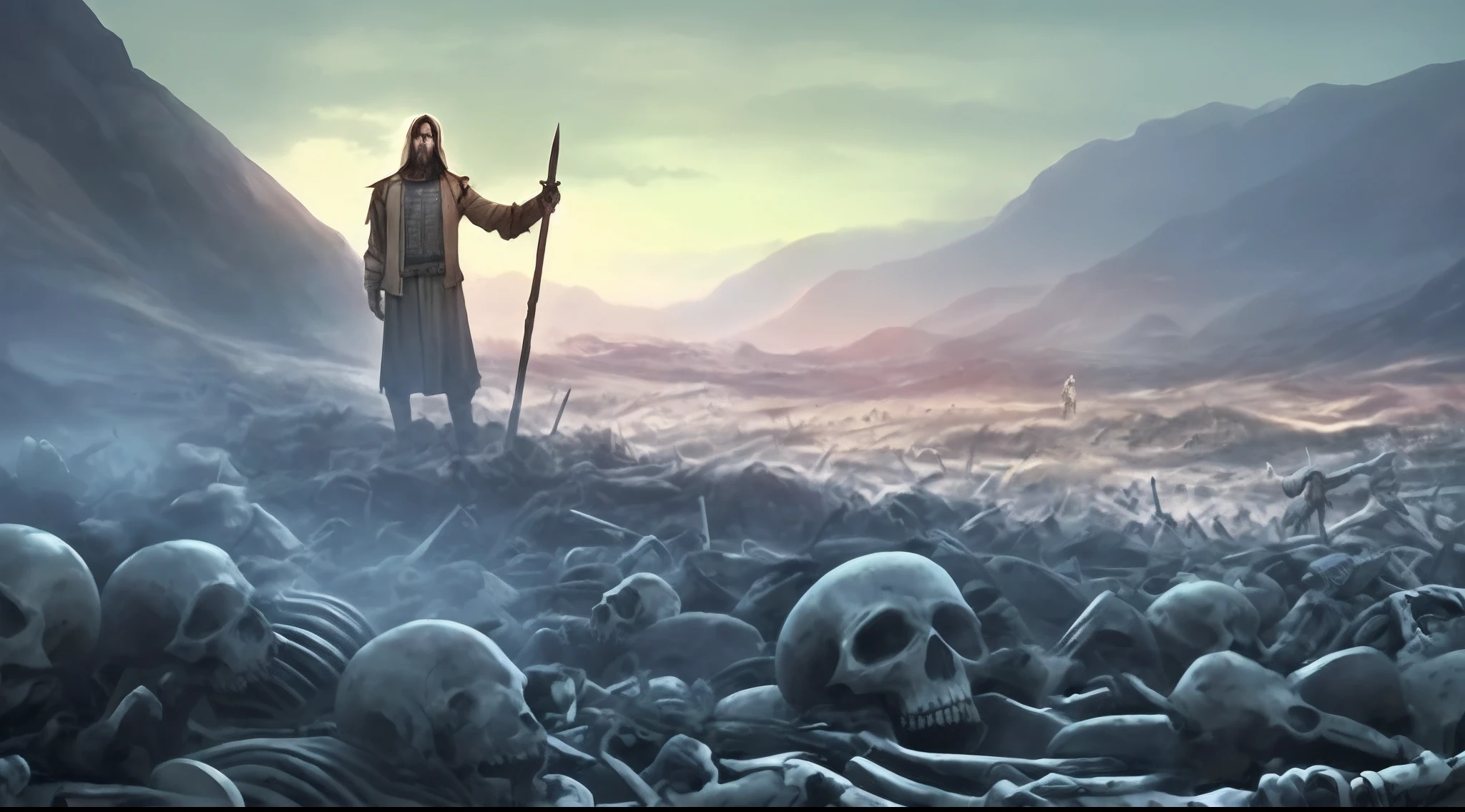 arafed image of a man standing in a field of skeletons, biblical epic movie, dug stanat macabre art, epic biblical depiction, apocalyptic art, apocalyptic fantasy, apocalyptic 8k, apocalyptic 8 k, ( apocalyptic ) 8 k, jesus christ is the doom slayer, life after the plague, apocalypse art, desert valley of bones, matte painting”