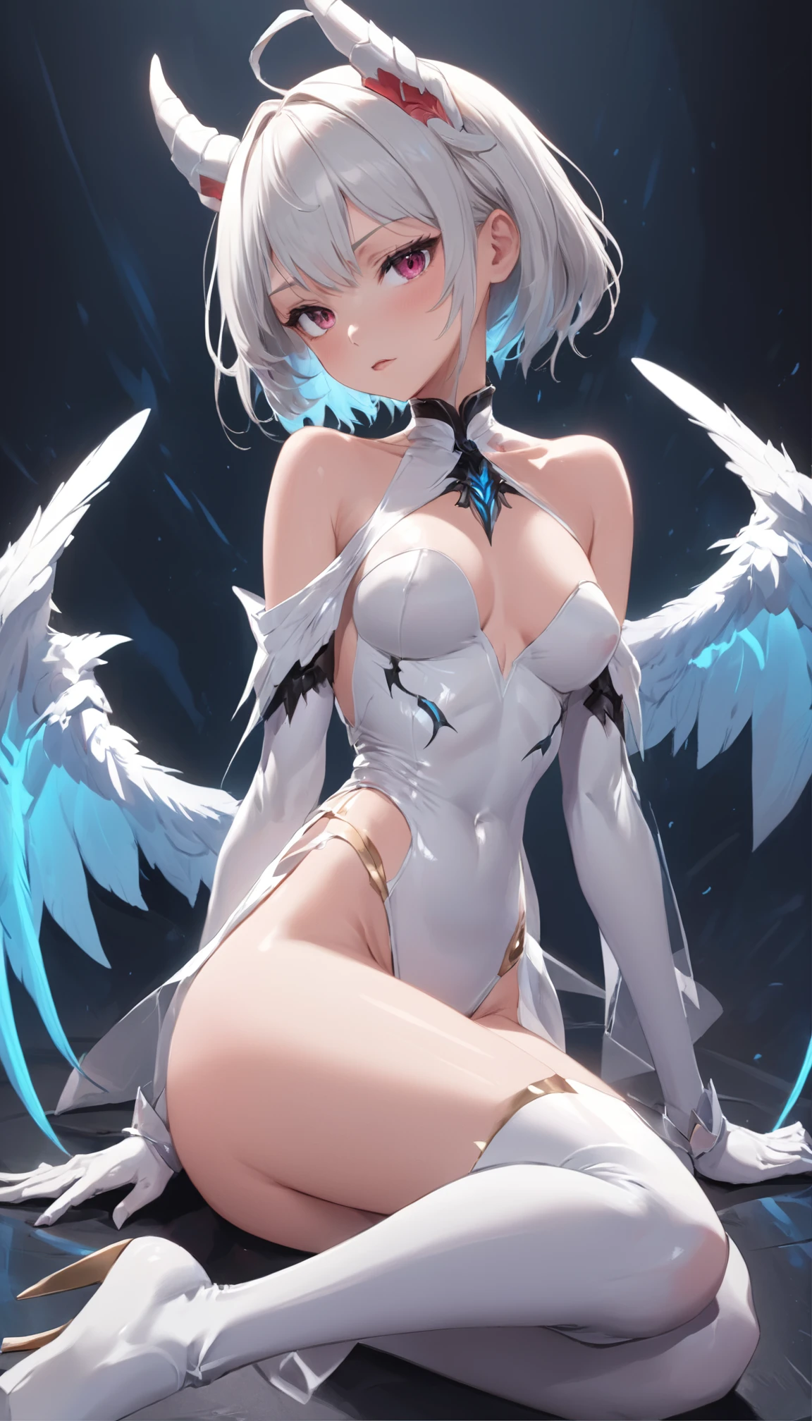 NSFW, tmasterpiece, beste-Qualit, hight resolution, Lovely sexy girl, распутная, Half-, horns demon, slit pupils, white gloves, whitedress, bare shoulders, legs spread apart, Sits, Toes between the legs , Emotions of incredible pleasure, detached collar, décolleté, Horseman, black wings, feathered wings, low wings, ssmile