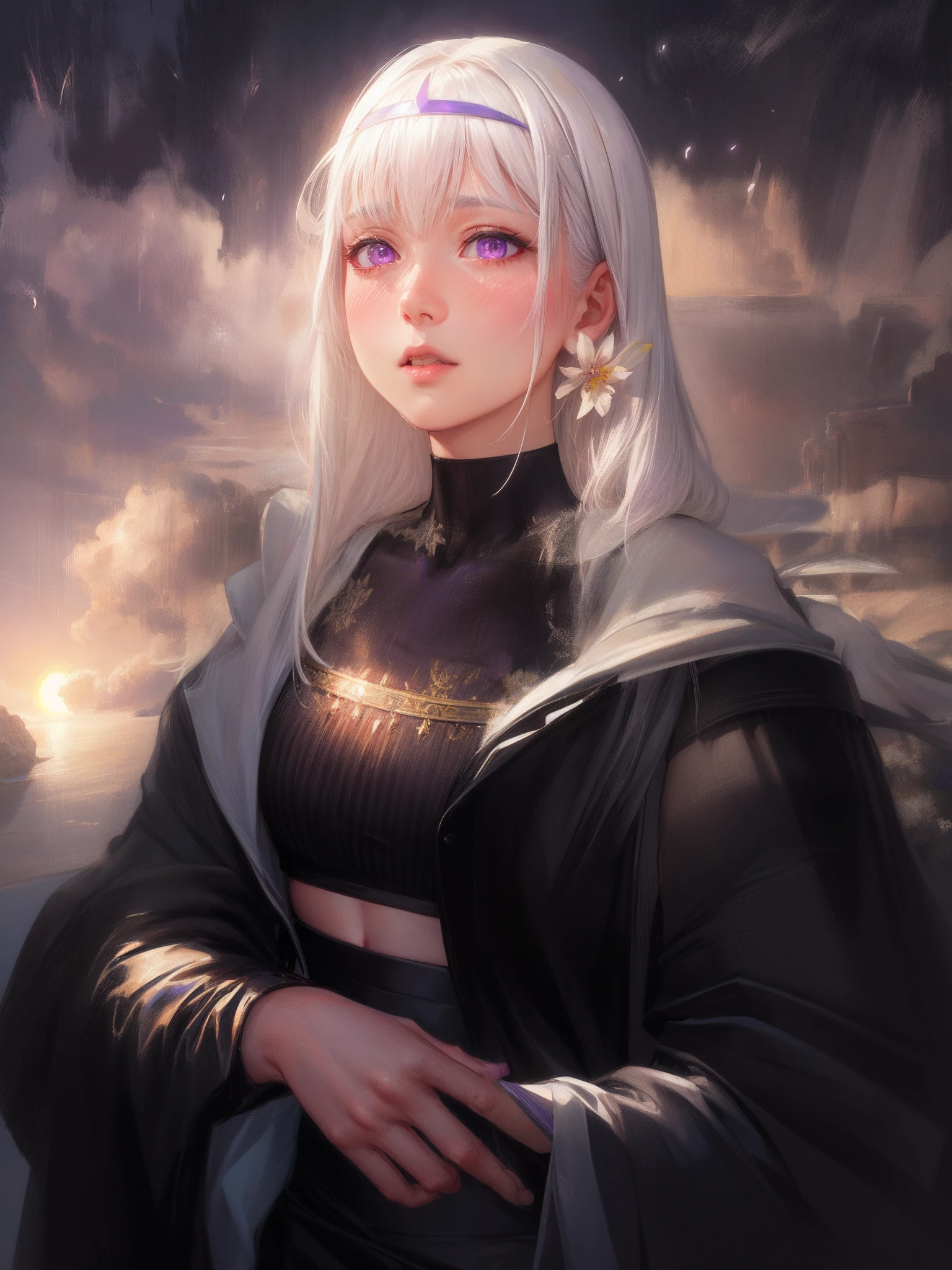 realistic, 1girl, white hair, purple eyes, glowing eyes, crop top, skirt, parted lips, blush, night, flowers, sun, sunlight,