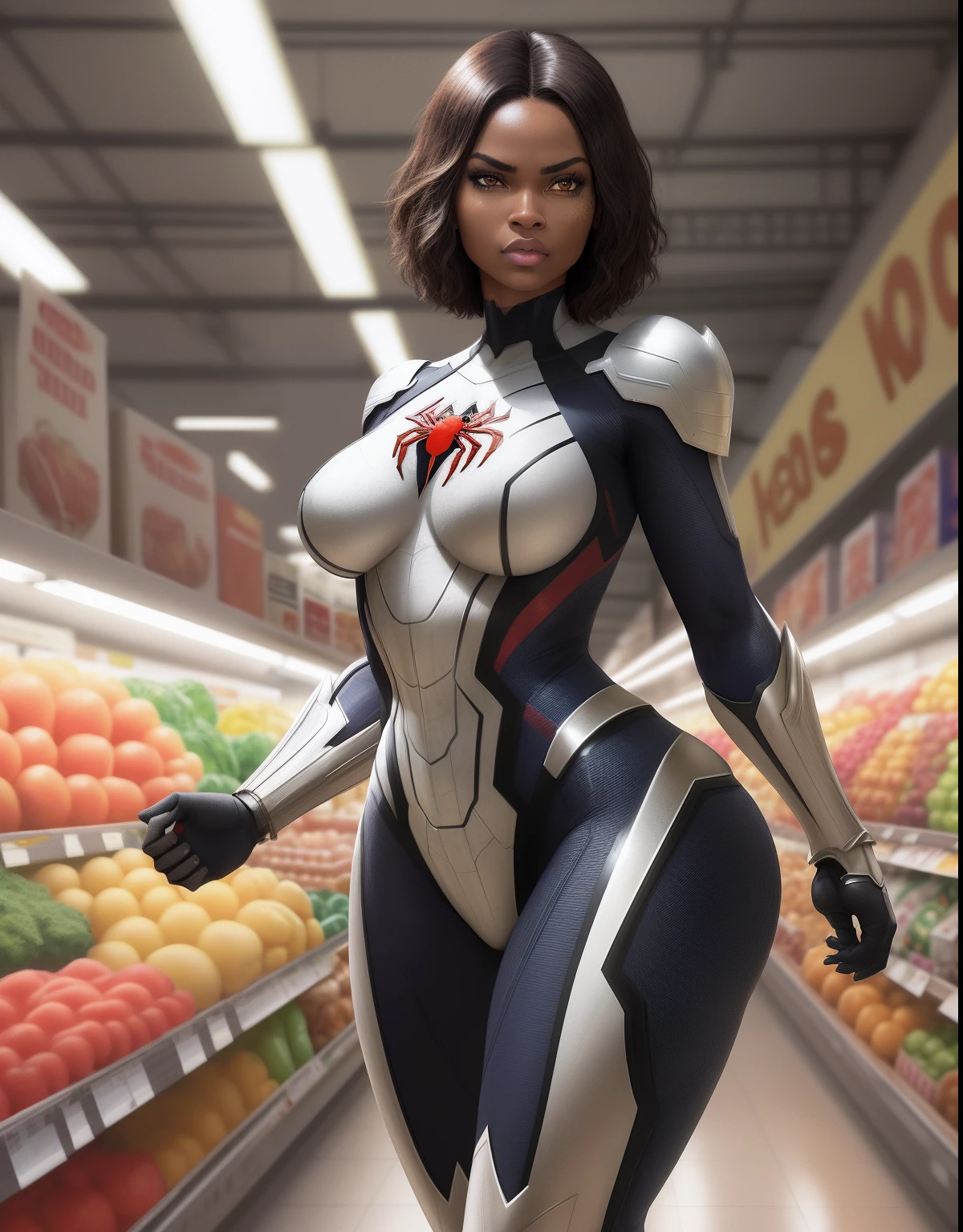 Supermarket , spiderwoman , adult African Amazonian woman, short woman, beautiful, brunette, short hair, straight hair, medium breasts, large thighs, thick big ass, seriously beautiful stunning face, with skintight white titanium armor, hdr, uhd, 64k, highly detailed, professional photography by sergio nogueira, trending on artstation, unreal engine, vivid colors, high resolution scanning,