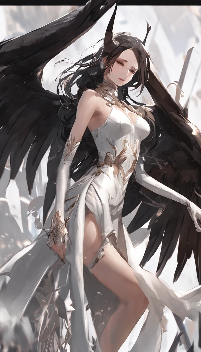 NSFW, tmasterpiece, beste-Qualit, hight resolution, Lovely sexy girl, распутная, Half-, horns demon, slit pupils, white gloves, whitedress, bare shoulders, legs spread apart, Sits, Toes between the legs , Emotions of incredible pleasure, detached collar, décolleté, Horseman, black wings, feathered wings, low wings, ssmile