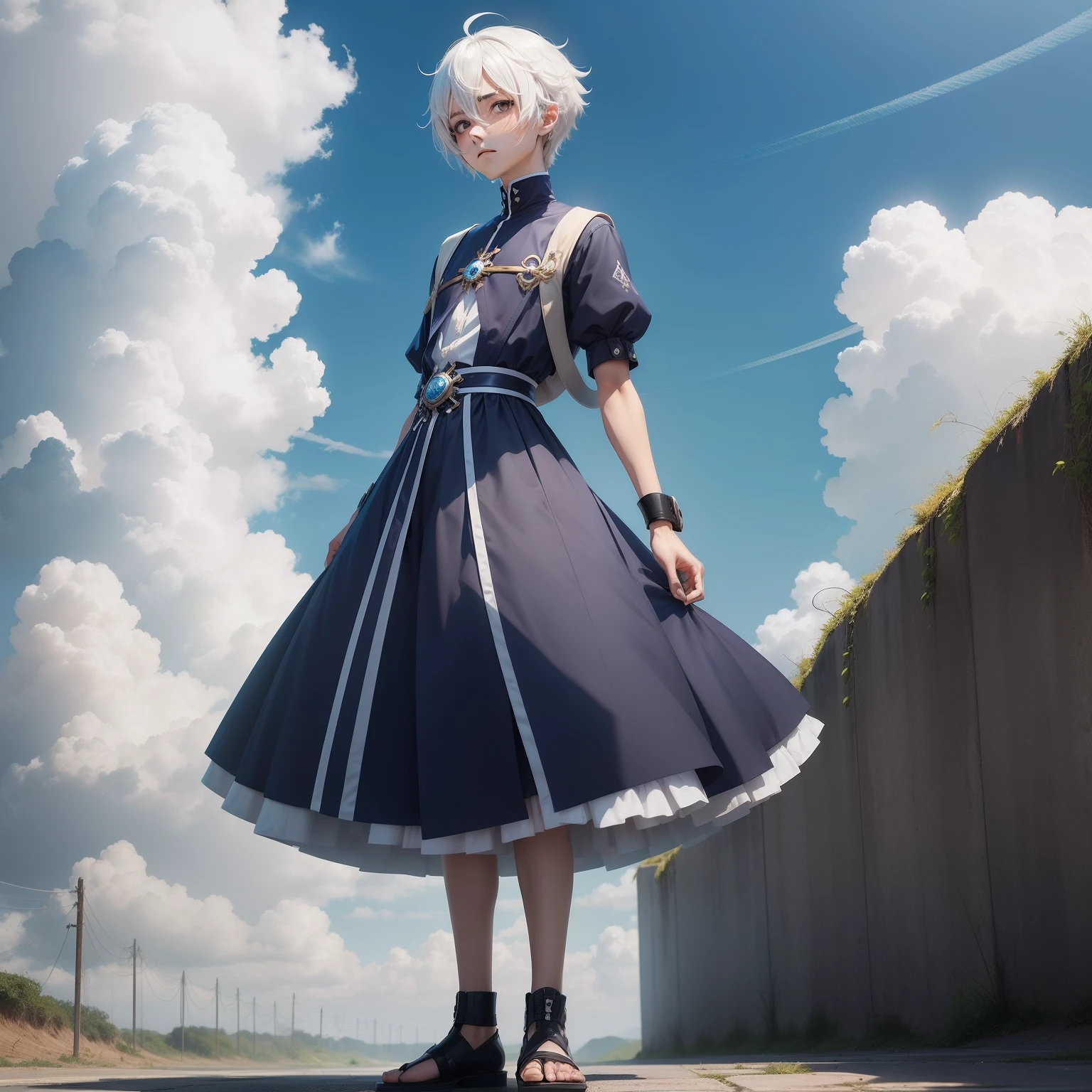 Personagem de anime, com cabelos azuis com pontas brancas, standingn, com um olhar neutro, vestindo um vestido branco, com um decote que valoriza os seios.