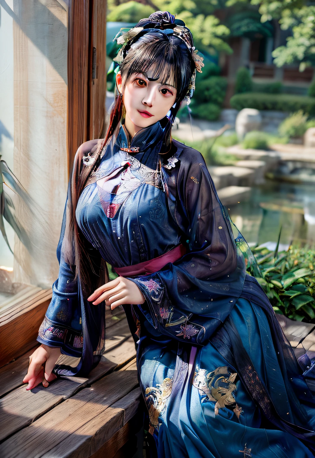 Masterpiece, best quality, watercolor painting of a very beautiful korean woman in japanese clothes, butterfly hair clip, purple and blue clothes, Dark Blue Eyes, shining beauty, high quality, super attractive lips, attractive eyes. blowing air, motion shot, standing near the river garden, full body shot