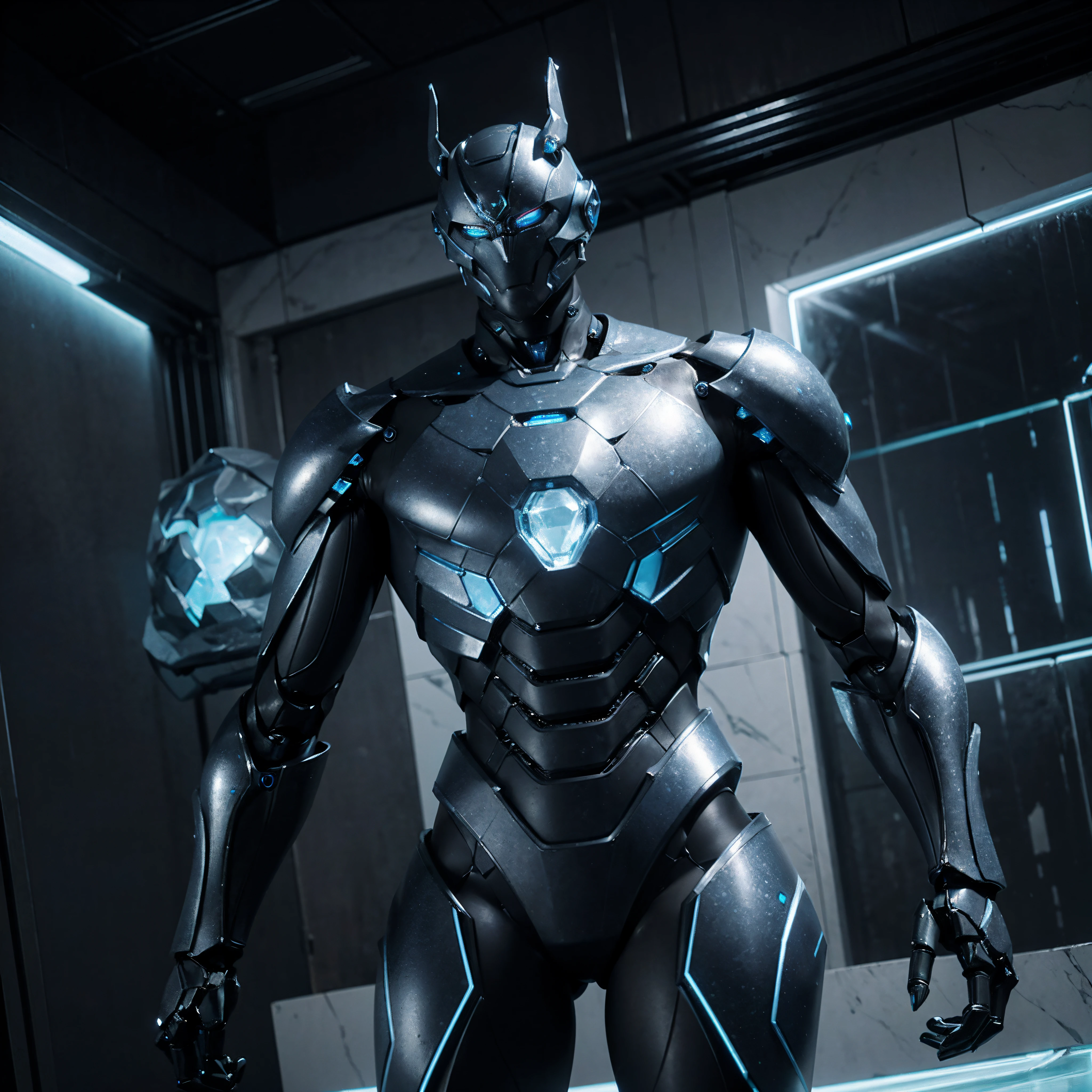 A robot inspired by the blue frozen ice, muscular, glowing eyes, body made of ice, ice curves on the body, holding a mechanical fist, blue light on the chest, photography style, real landscape, (metallic texture: 1.8), (super detail: 2), (super high resolution: 1.6), (carbon fiber: 1.6)