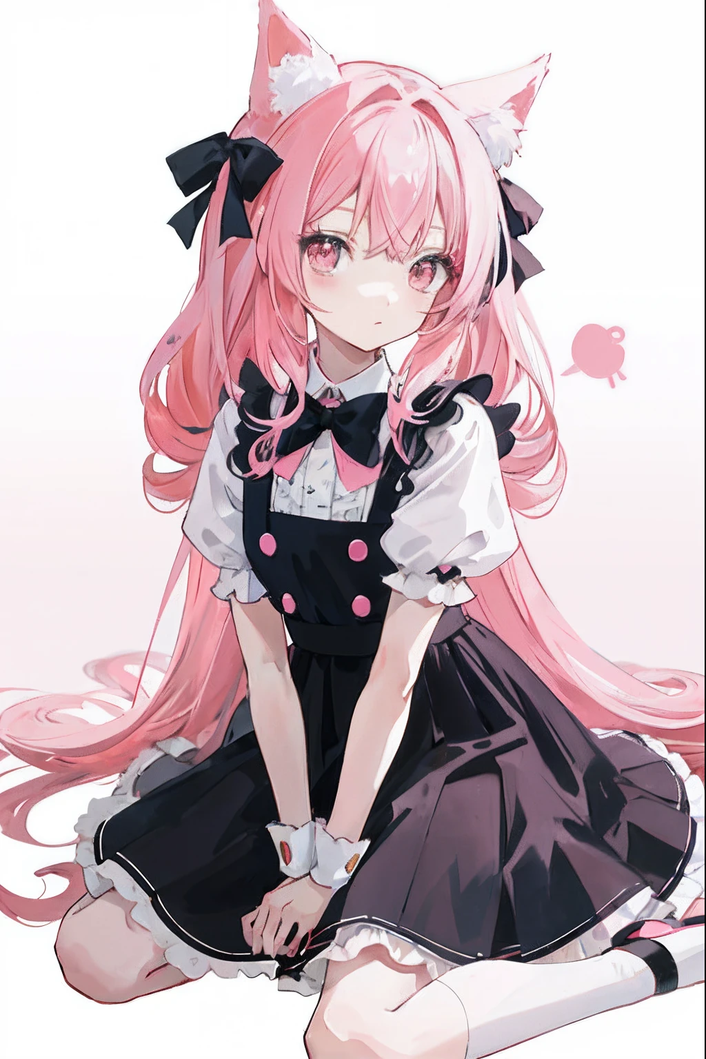 Anime girl with long pink hair and black bow tie sitting on the ground, small curvaceous loli, holding a pudica pose, lollipop, anime girl with cat ears, cute anime waifu in a nice dress, anime visual of a cute girl, anime moe art style, Cute anime girl, Splash art anime Loli, Marin Kitagawa fanart, zerochan art