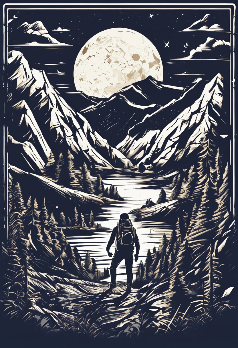 print ready vector t-shirt design, adventure scene with explorer, with beautiful nocturnal sun and mountain in the background, clean white background, professional vector, full shot, 8K resolution, deep impression illustration