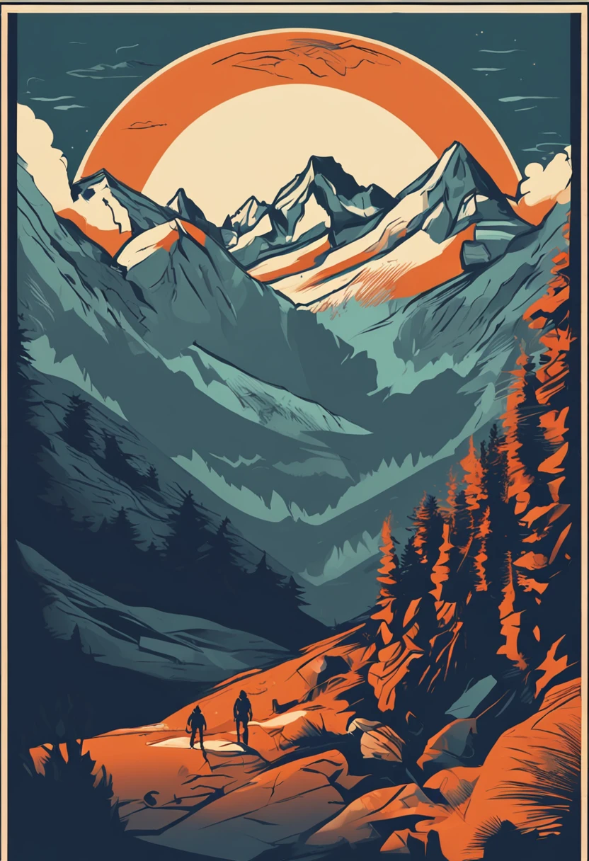 print ready vector t-shirt design, adventure scene with explorer, with beautiful nocturnal sun and mountain in the background, clean white background, professional vector, full shot, 8K resolution, deep impression illustration