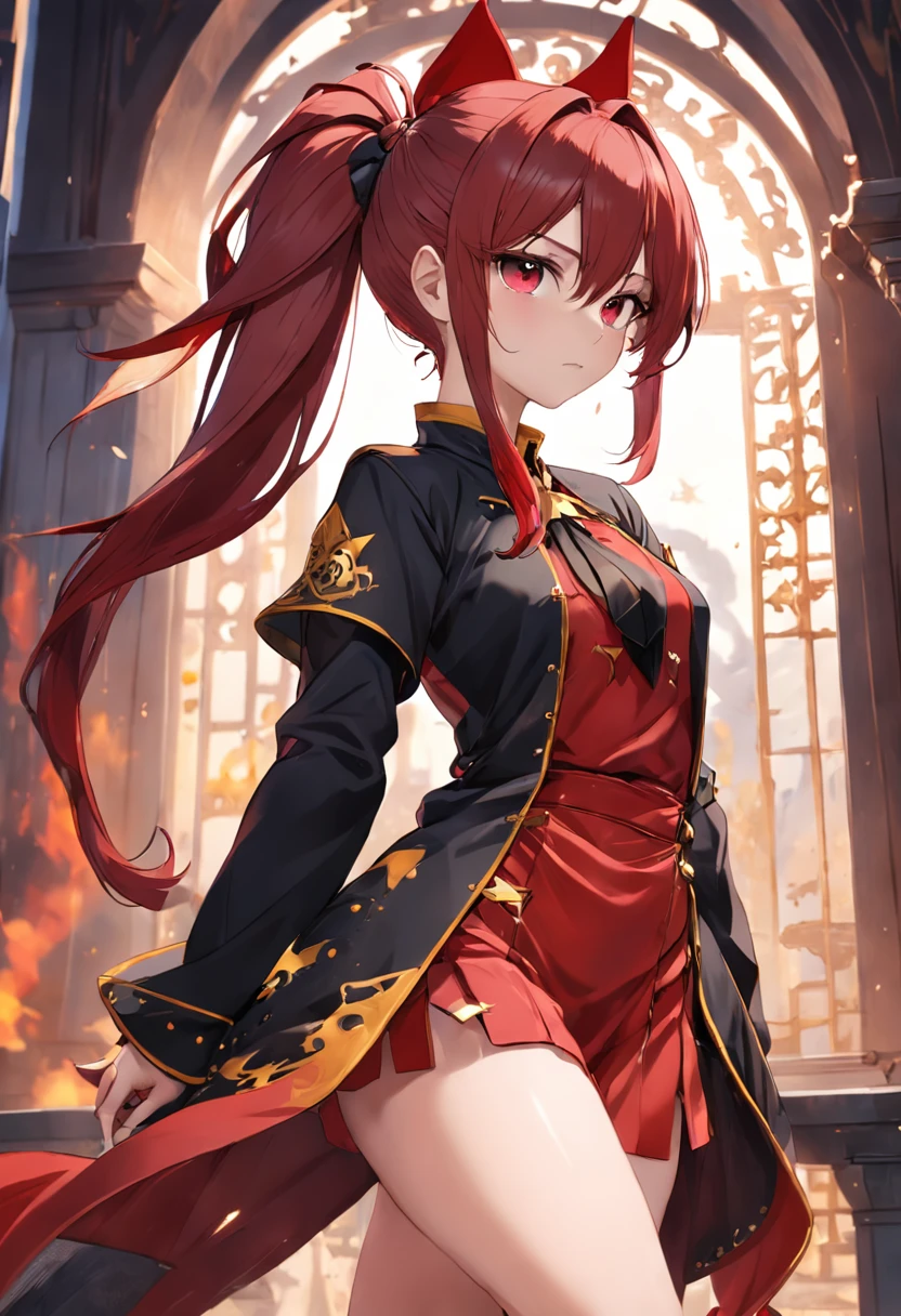 Red single ponytail,Western fantasy,magia,Castle fantasy,black and yellow clothes,Good-looking legs,Ultra photo realsisim, Castle,hair adornments