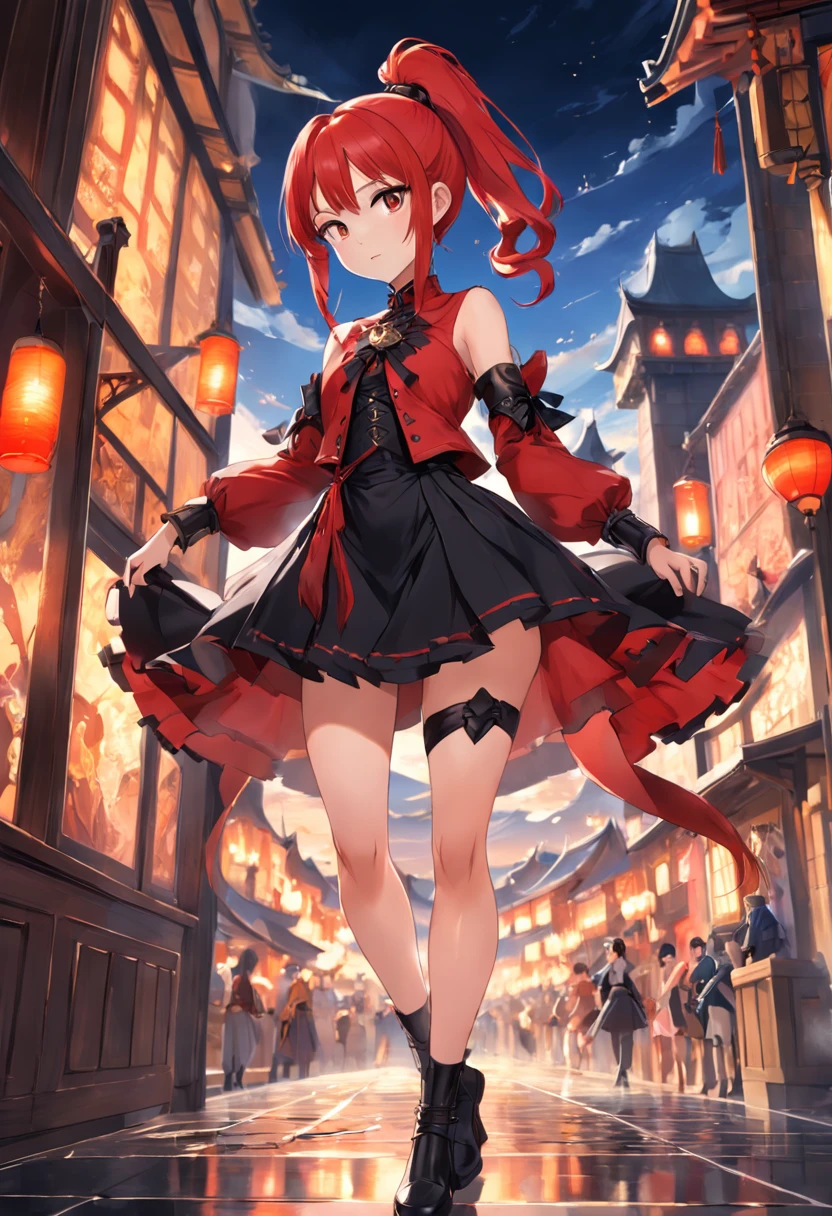 Red single ponytail,Western fantasy,magia,Castle fantasy,black and yellow clothes,Good-looking legs,Ultra photo realsisim, Castle,hair adornments