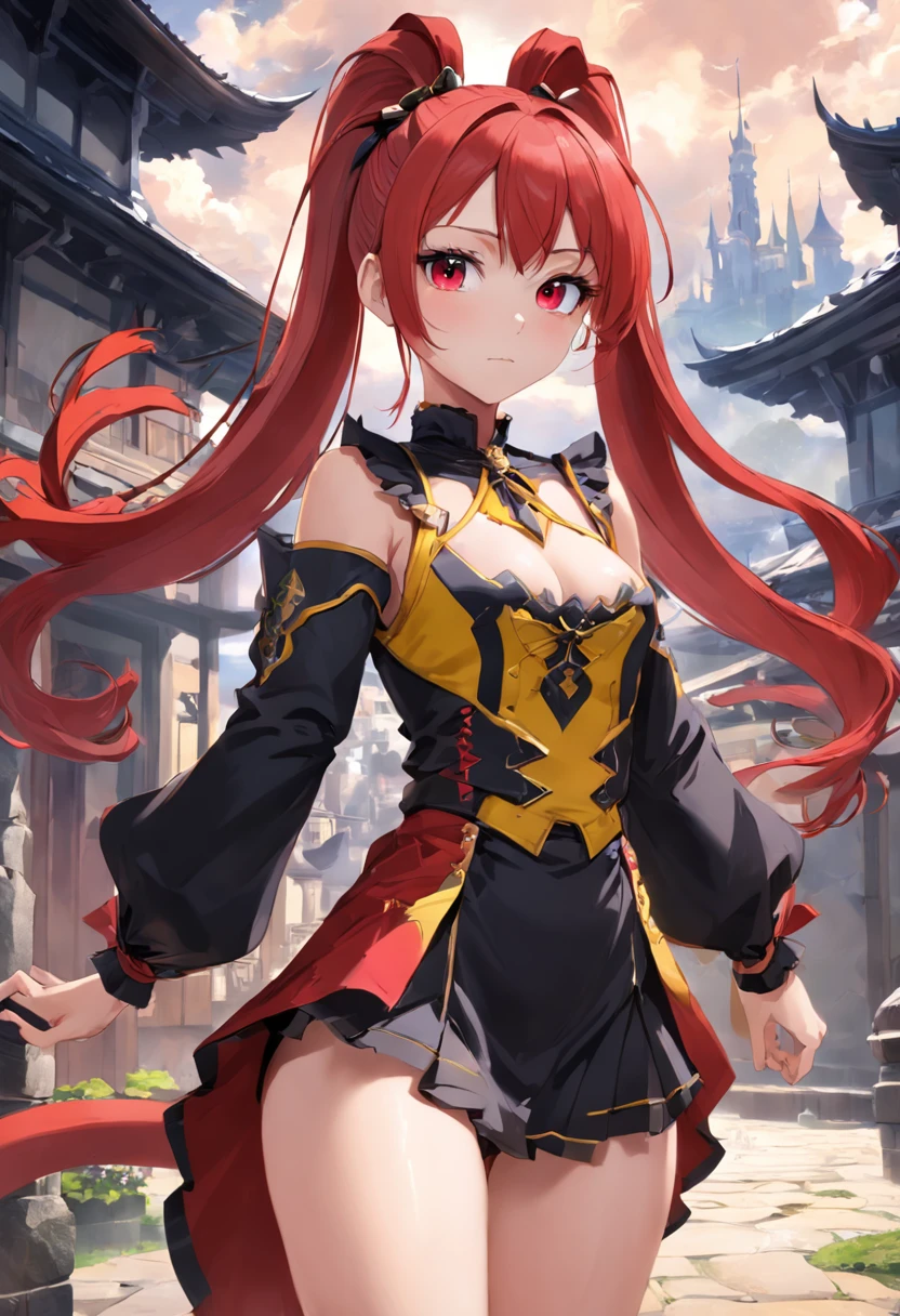 Red single ponytail,Western fantasy,magia,Castle fantasy,black and yellow clothes,Good-looking legs,Ultra photo realsisim, Castle,hair adornments