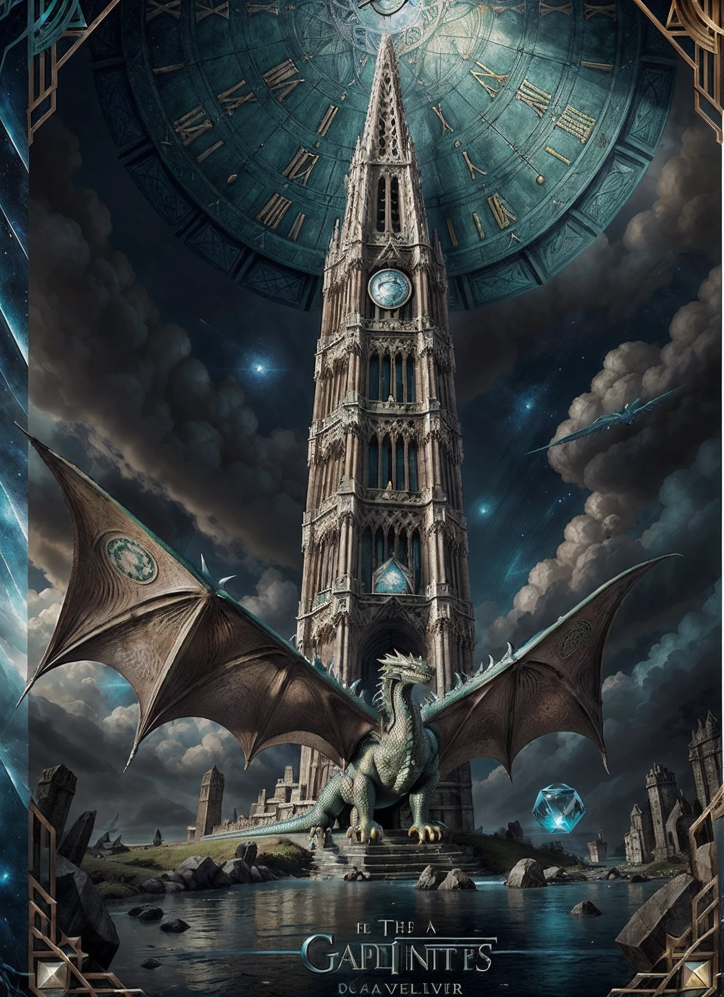 Nobodies:1.3, Capa ultra realista, realista, Photographic quality , Lord of the Rings Style, Estilo Game of Thrones, qualidade cinema, with title:1.7, (( The title is in Portuguese Brazilian is literally the "The Guardians of Time":1.6 )), cinematografic,  ((( A realistic giant dragon, imposing and powerful soaring over a large clock tower:1.4 ))),  (((Cubo de cristal verde realista:1.4 cubo brilhante de cristal detalhado em forma de cubo detalhado com luzes ))), melhor qualidade, alta resolução, a book cover with a detailed cubic distal cube on the cover and a giant ancient and modern clock on the cover, WLOP intrincado, lost grimoire, Shadowverse, Livros cobertos em tocos dethes game of thrones estilo sitcom, arte do artbook, lucid and intricate , Magical Elven Geometry, Geometria sagrada:1.5, Respeitando a Regra de Fibonacci, Biblioteca Celestial Infinita, Kamelot album cover, esao andrews : : ornado, por Amanda Sage, grimoire, arte de capa altamente detalhada, Front view:1.7, (( The title is in Portuguese Brazilian is literally the "The Guardians of Time" ):1.6, (( perfeita Capa de livro:1.5 detailed fantasy books with geometric shapes combining the border in neutral tones:1.6))