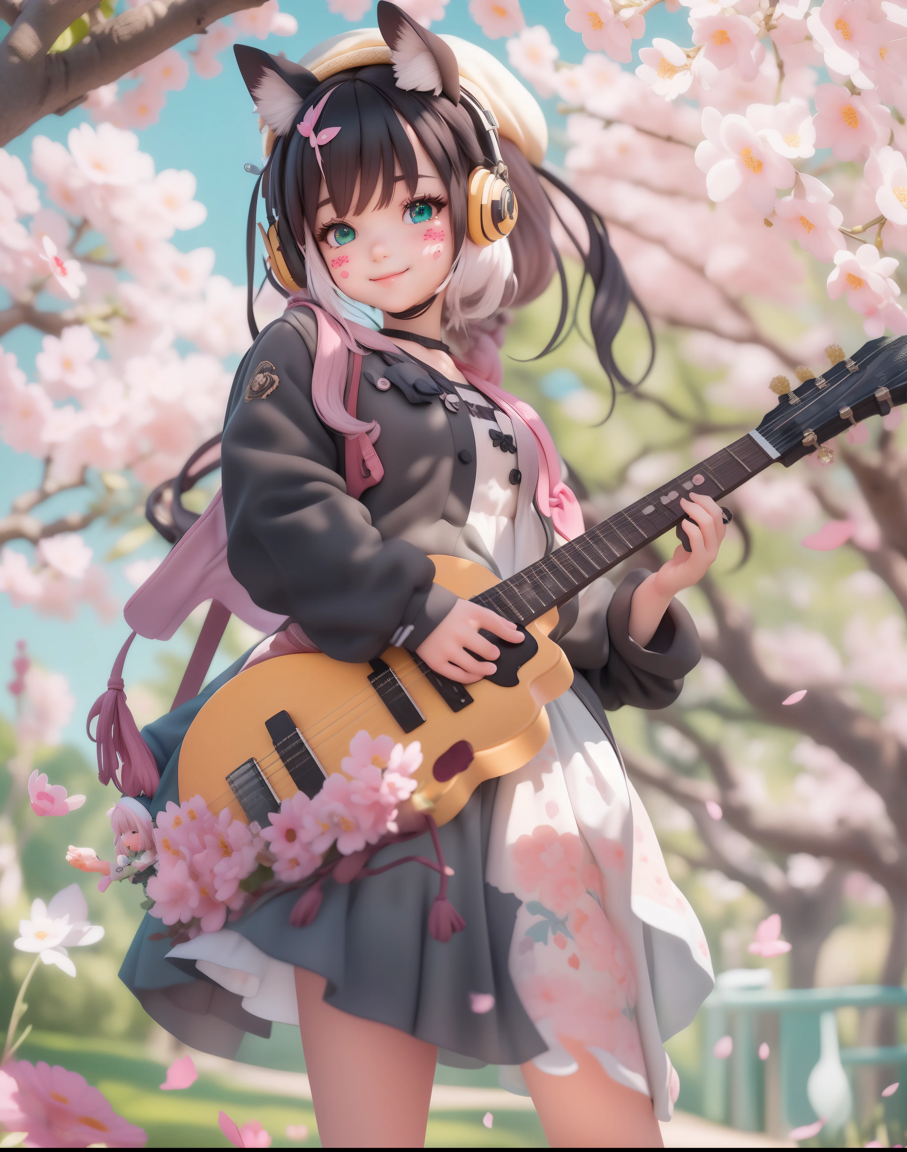 (masterpiece),(best quality),(ultra-detailed), (full body:1.2),
1woman, lofi, beautiful, smile,
flower, outdoors, playing guitar, music, beret, holding guitar, blush, tree, :3, shirt, cherry blossoms, blurry, pony tail black hair, blush stickers, green long sleeves, bangs, headphones, Little soap bubbles flying,
(beautiful detailed face), (beautiful detailed eyes),