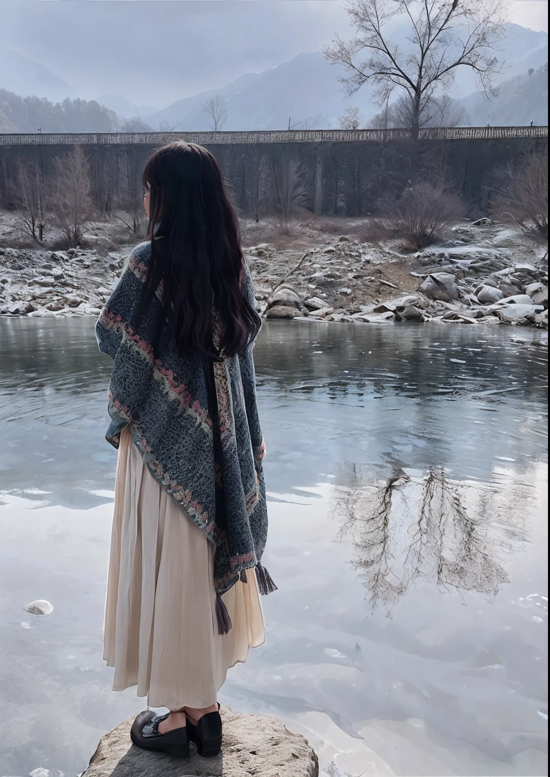 Araved woman holding blanket standing on a rock by the river, she is walking on a river, Long hair shawl, beside a river, standing next to water, Shawl, inspired by Kim Tschang Yeul, in an icy river, next to a small river, inspired by Lü Ji, near a river, Bohemian poncho and maxi dress