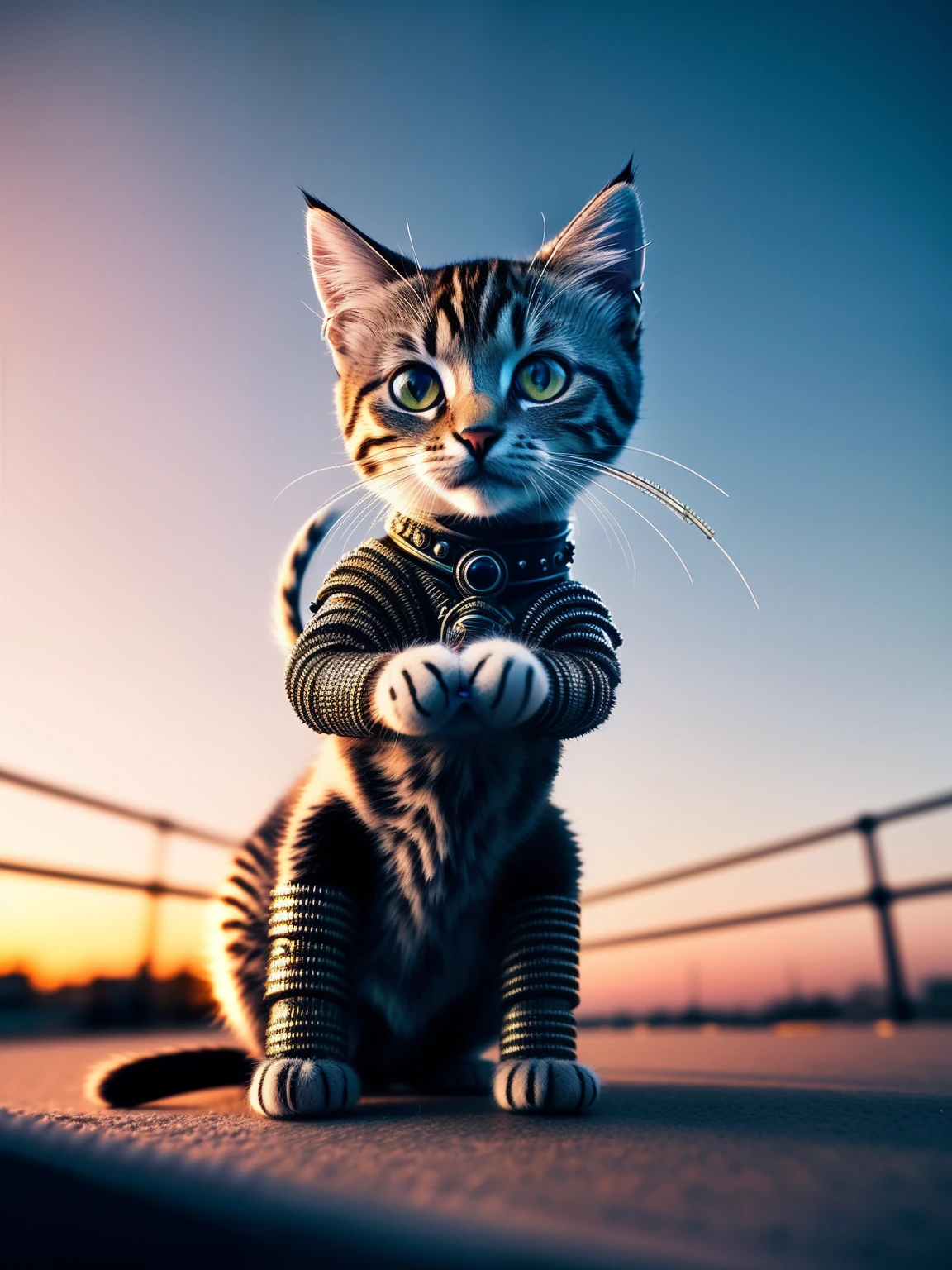 a cute kitten made out of metal, (cyborg:1.1), ([tail | detailed wire]:1.3), (intricate details), hdr, (intricate details, hyperdetailed:1.2), cinematic shot, vignette, centered